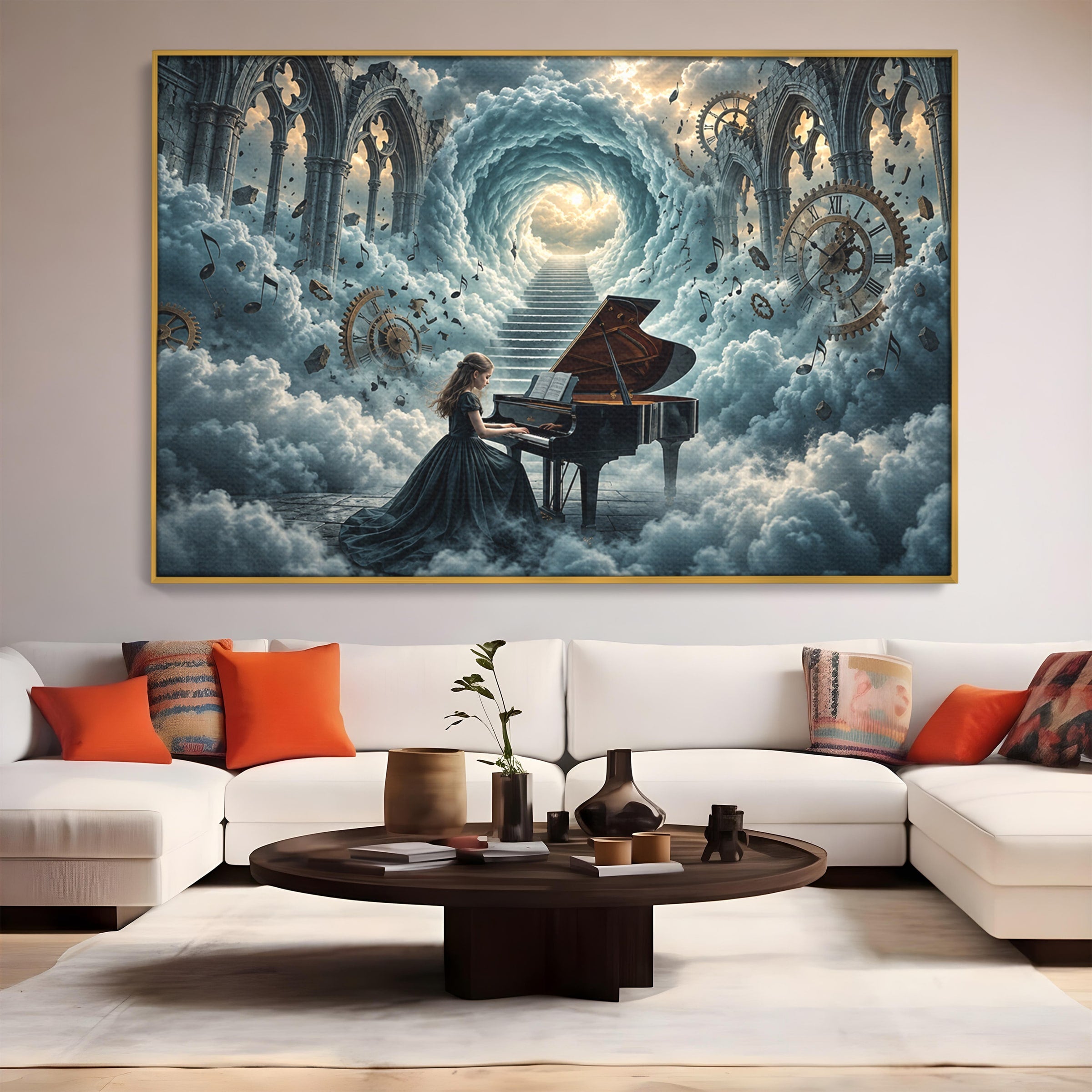 Tablou Canvas Premium LuxCanva® U1031, Pianista In Paradis, Fantezie, Nori, Muzica, Arta, Pian, Living, Vis, Culori Vibrante
