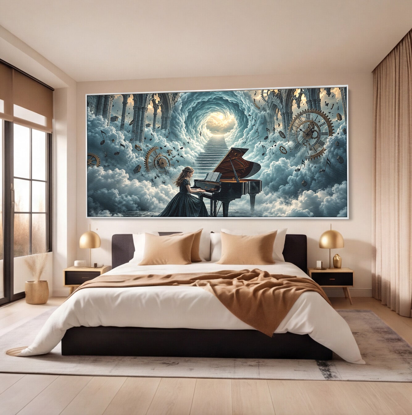 Tablou Canvas Premium LuxCanva® U1031, Pianista In Paradis, Fantezie, Nori, Muzica, Arta, Pian, Living, Vis, Culori Vibrante