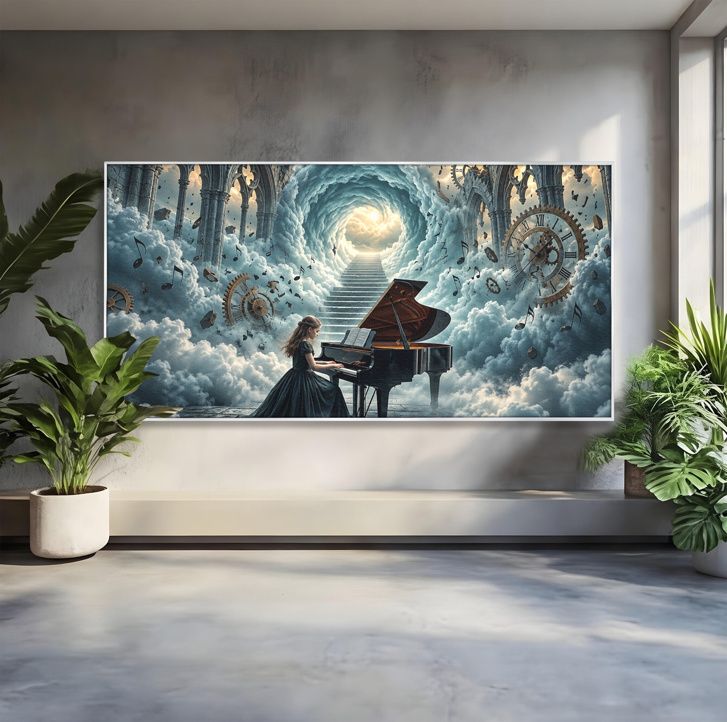 Tablou Canvas Premium LuxCanva® U1031, Pianista In Paradis, Fantezie, Nori, Muzica, Arta, Pian, Living, Vis, Culori Vibrante