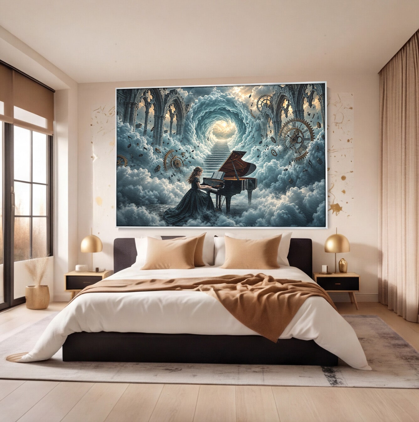 Tablou Canvas Premium LuxCanva® U1031, Pianista In Paradis, Fantezie, Nori, Muzica, Arta, Pian, Living, Vis, Culori Vibrante