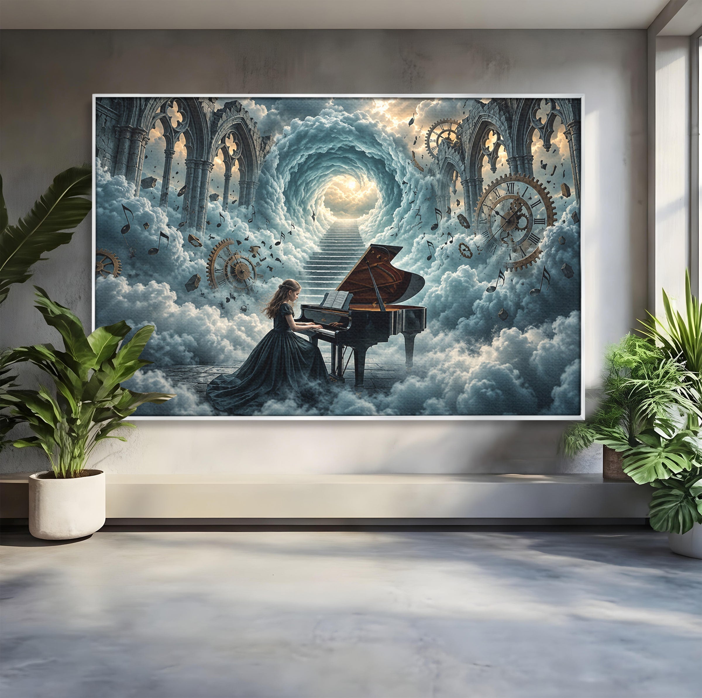 Tablou Canvas Premium LuxCanva® U1031, Pianista In Paradis, Fantezie, Nori, Muzica, Arta, Pian, Living, Vis, Culori Vibrante
