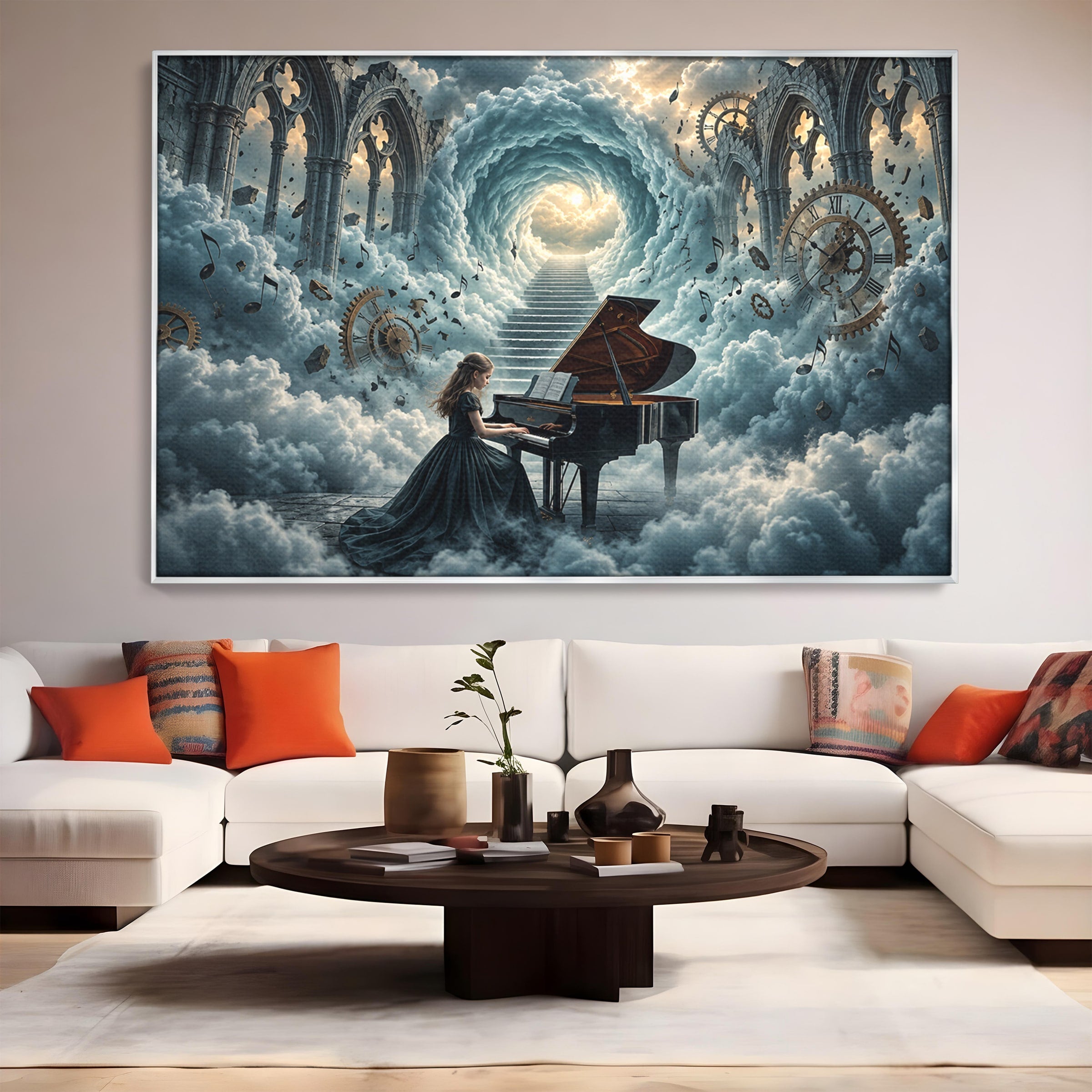 Tablou Canvas Premium LuxCanva® U1031, Pianista In Paradis, Fantezie, Nori, Muzica, Arta, Pian, Living, Vis, Culori Vibrante