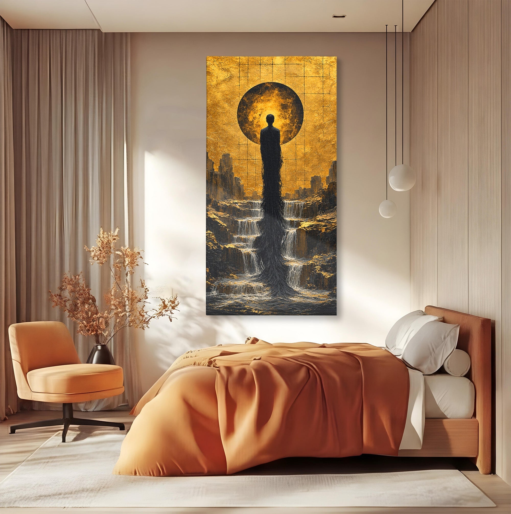 Tablou Canvas Premium LuxCanva® U1032, Silueta Mistica, Apus, Mistic, Cascada, Silueta, Living, Culori Vibrante