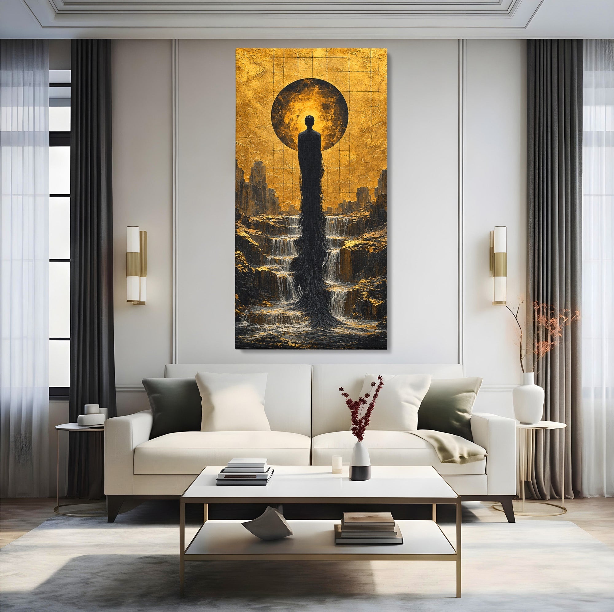 Tablou Canvas Premium LuxCanva® U1032, Silueta Mistica, Apus, Mistic, Cascada, Silueta, Living, Culori Vibrante