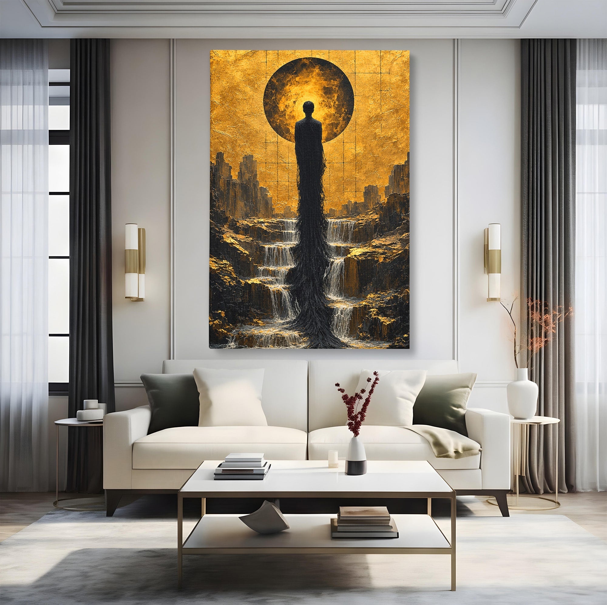 Tablou Canvas Premium LuxCanva® U1032, Silueta Mistica, Apus, Mistic, Cascada, Silueta, Living, Culori Vibrante