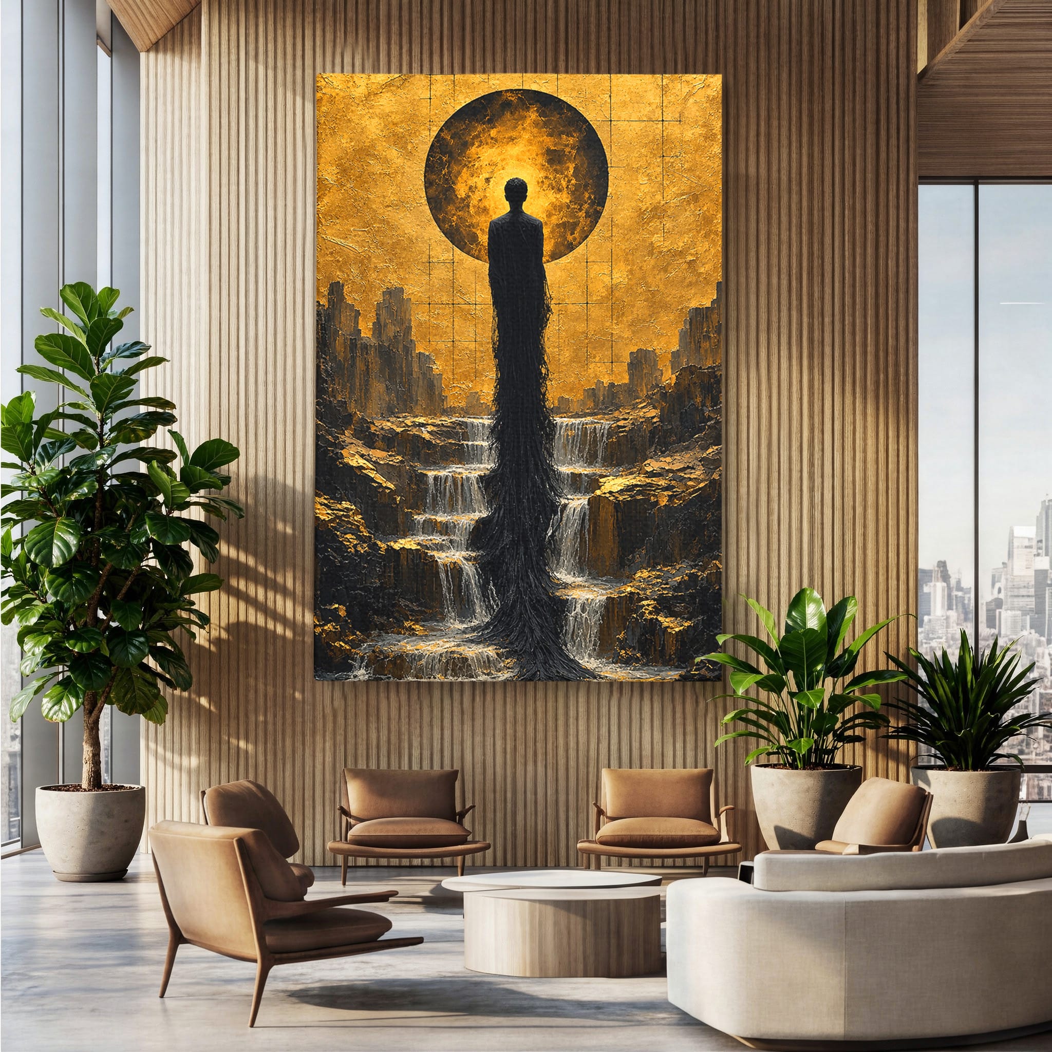 Tablou Canvas Premium LuxCanva® U1032, Silueta Mistica, Apus, Mistic, Cascada, Silueta, Living, Culori Vibrante