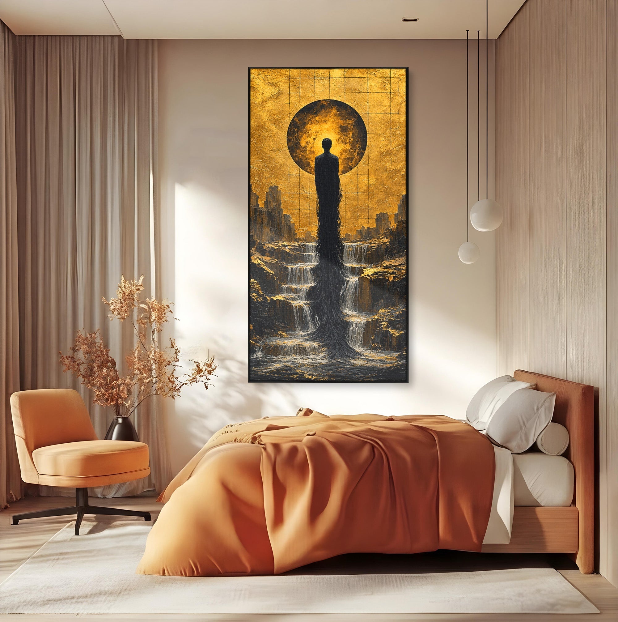 Tablou Canvas Premium LuxCanva® U1032, Silueta Mistica, Apus, Mistic, Cascada, Silueta, Living, Culori Vibrante
