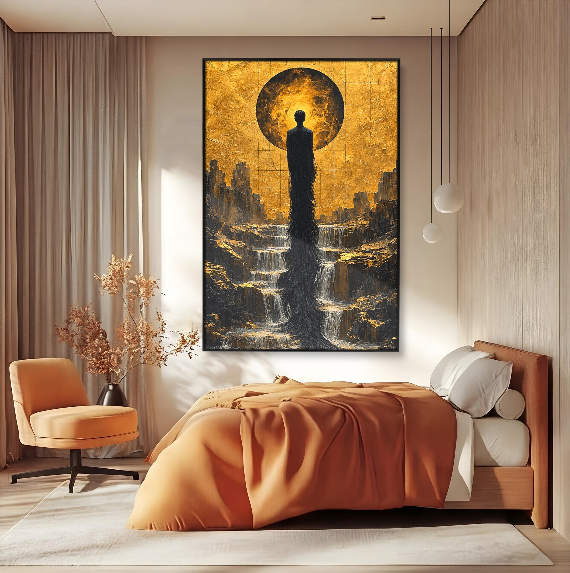 Tablou Canvas Premium LuxCanva® U1032, Silueta Mistica, Apus, Mistic, Cascada, Silueta, Living, Culori Vibrante