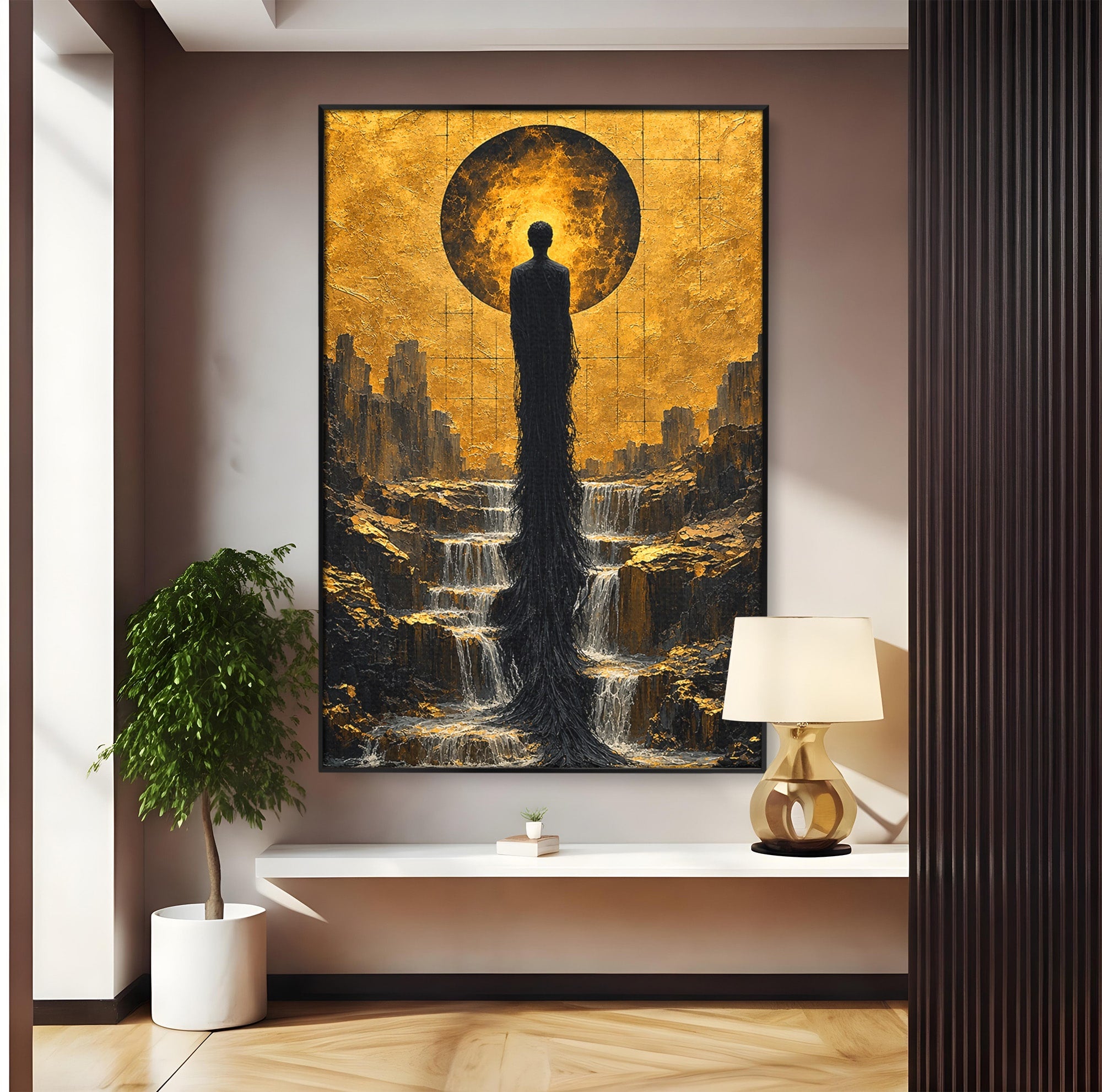 Tablou Canvas Premium LuxCanva® U1032, Silueta Mistica, Apus, Mistic, Cascada, Silueta, Living, Culori Vibrante