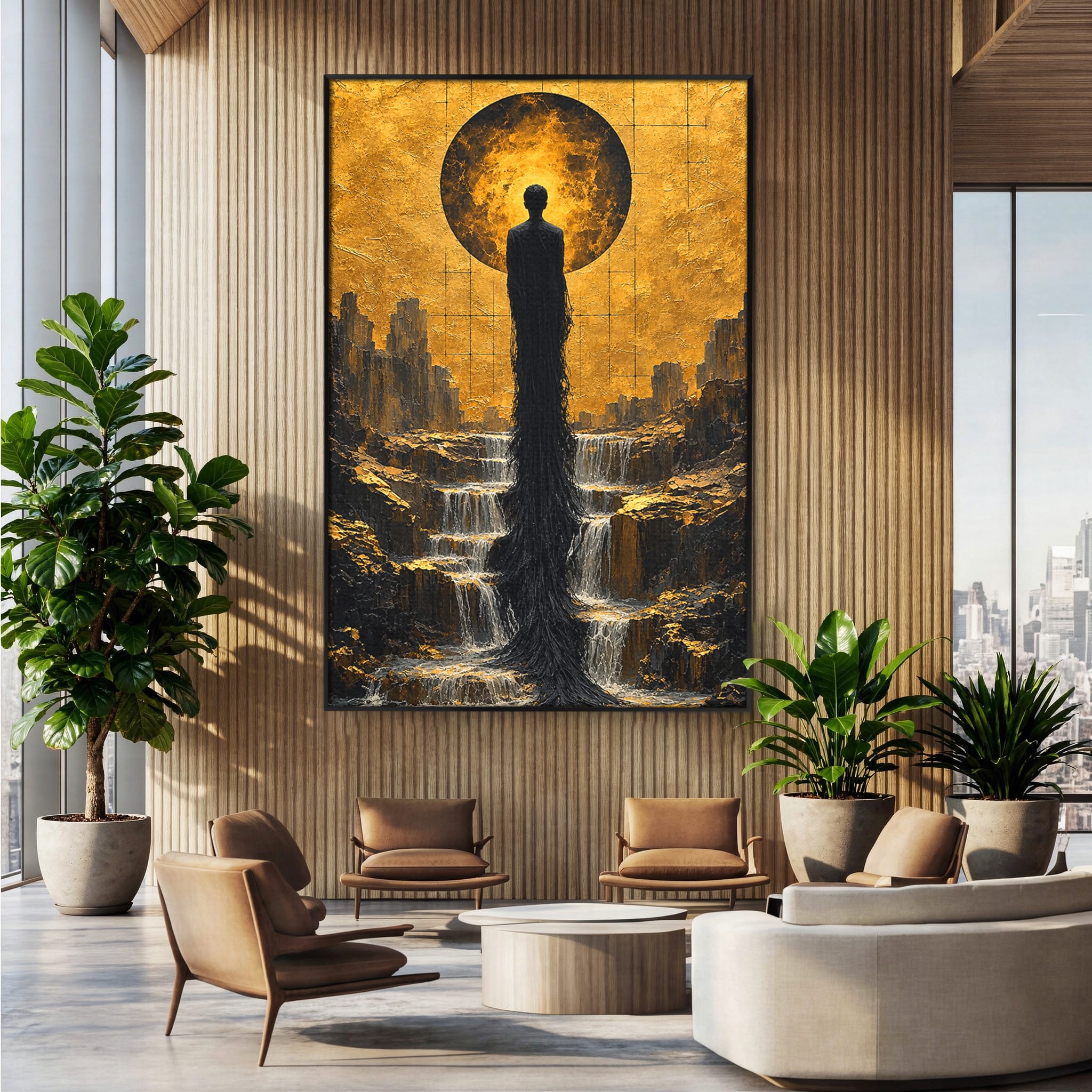 Tablou Canvas Premium LuxCanva® U1032, Silueta Mistica, Apus, Mistic, Cascada, Silueta, Living, Culori Vibrante
