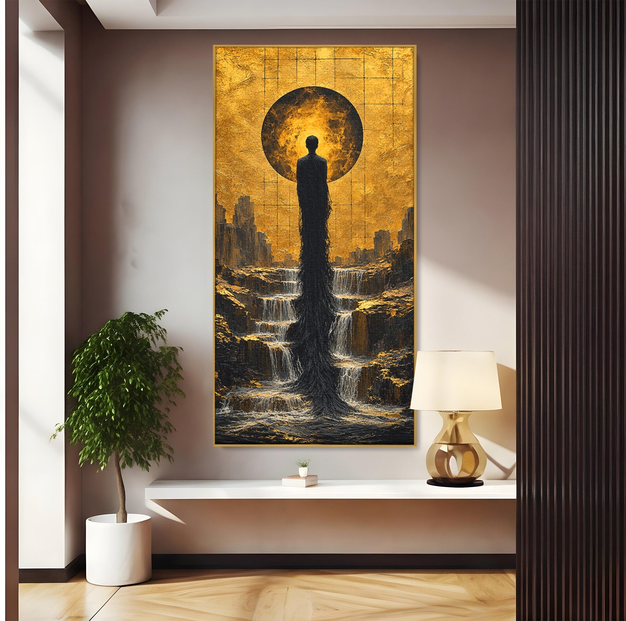Tablou Canvas Premium LuxCanva® U1032, Silueta Mistica, Apus, Mistic, Cascada, Silueta, Living, Culori Vibrante