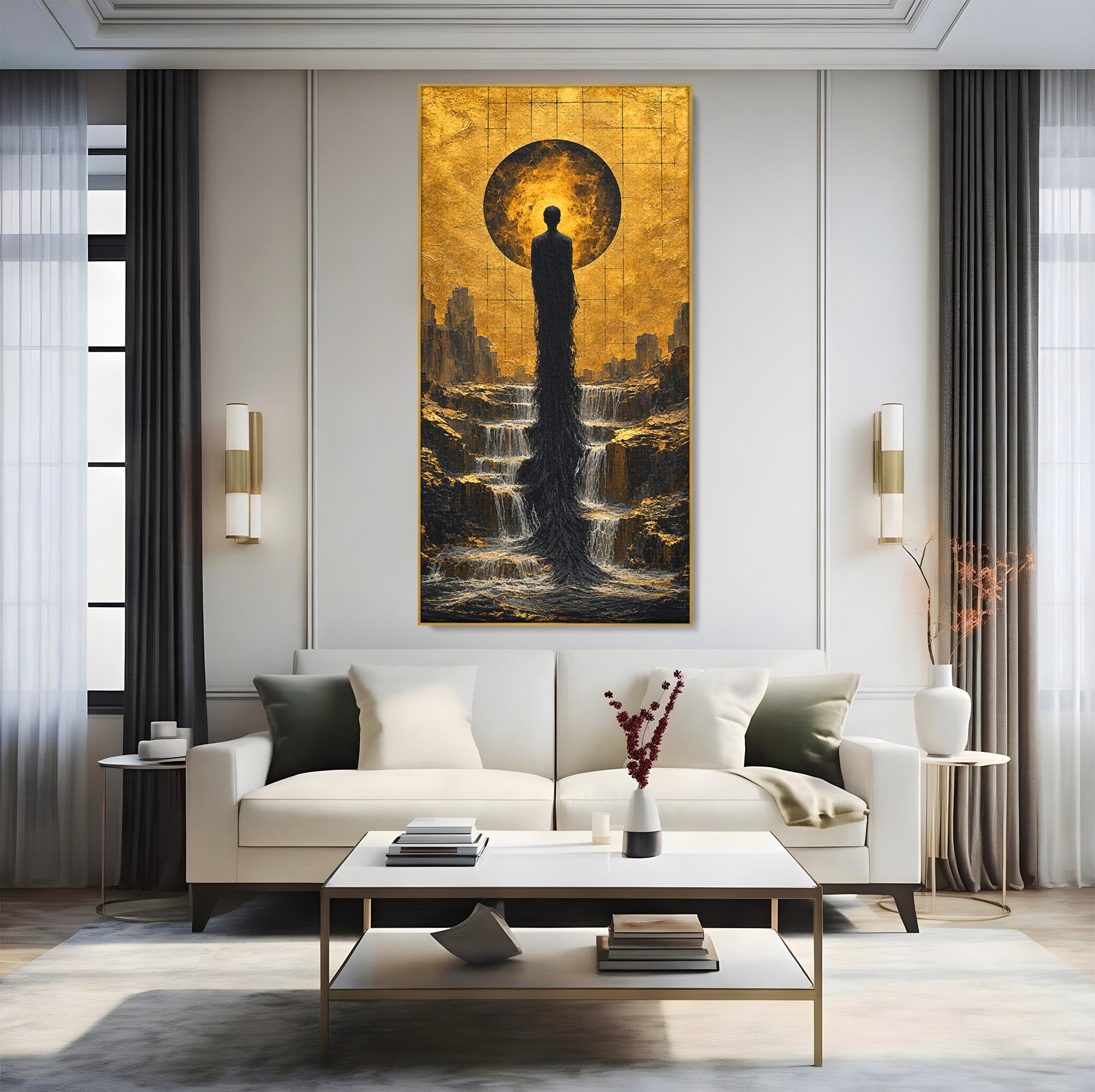 Tablou Canvas Premium LuxCanva® U1032, Silueta Mistica, Apus, Mistic, Cascada, Silueta, Living, Culori Vibrante
