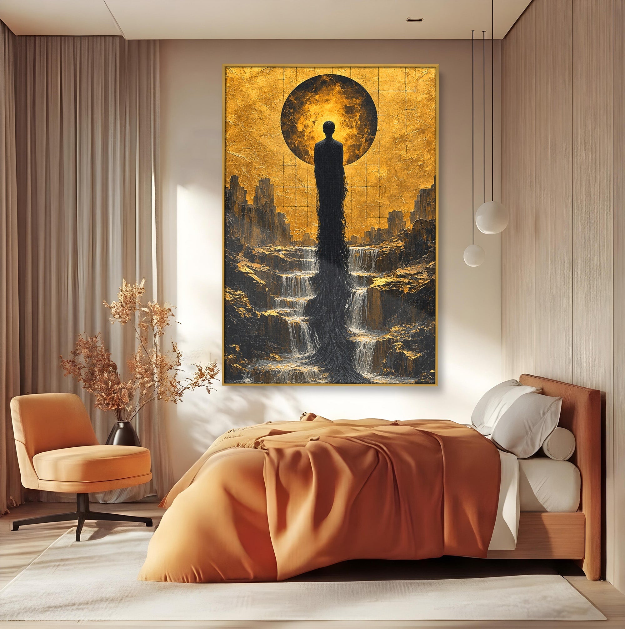 Tablou Canvas Premium LuxCanva® U1032, Silueta Mistica, Apus, Mistic, Cascada, Silueta, Living, Culori Vibrante