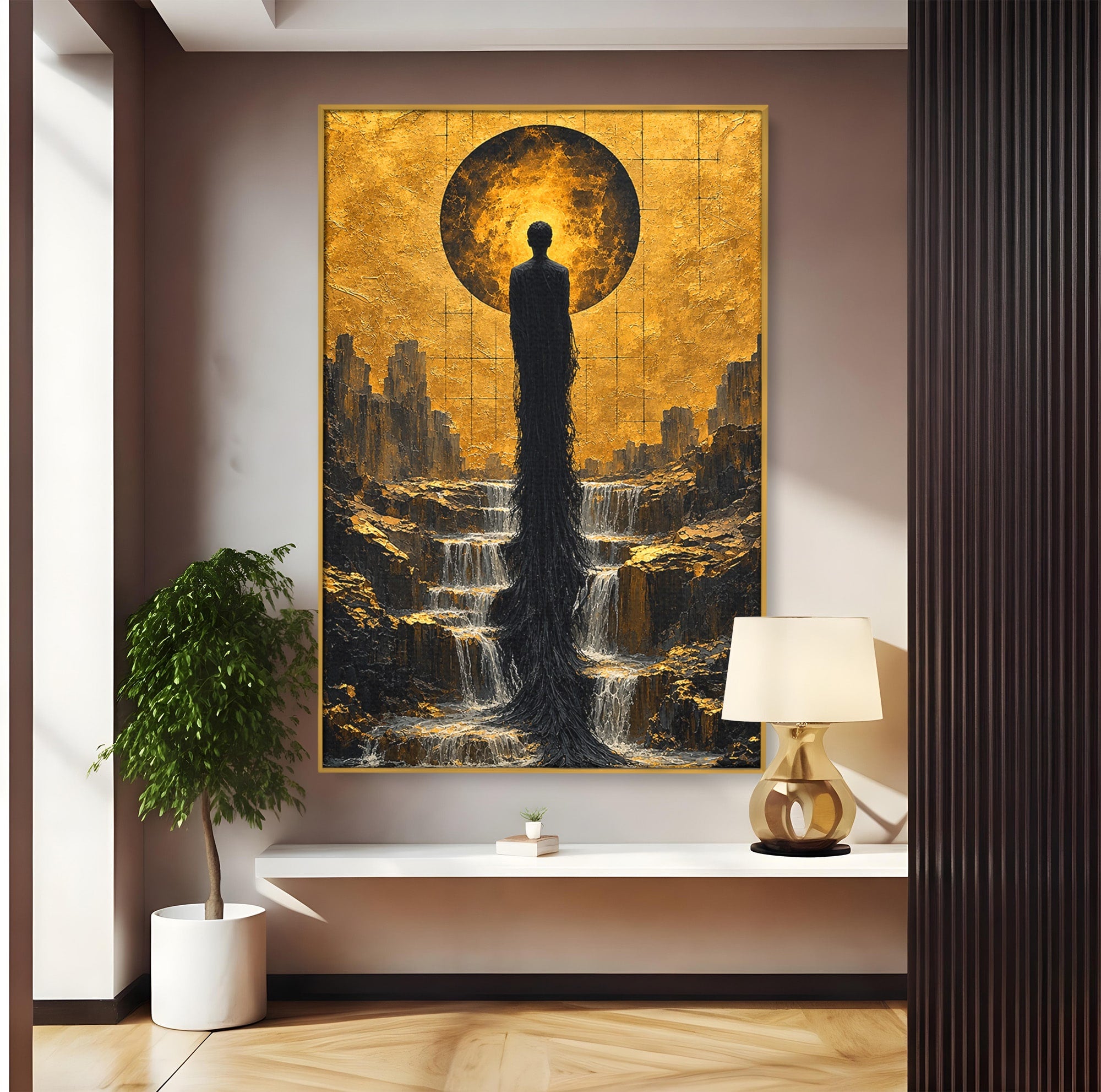 Tablou Canvas Premium LuxCanva® U1032, Silueta Mistica, Apus, Mistic, Cascada, Silueta, Living, Culori Vibrante
