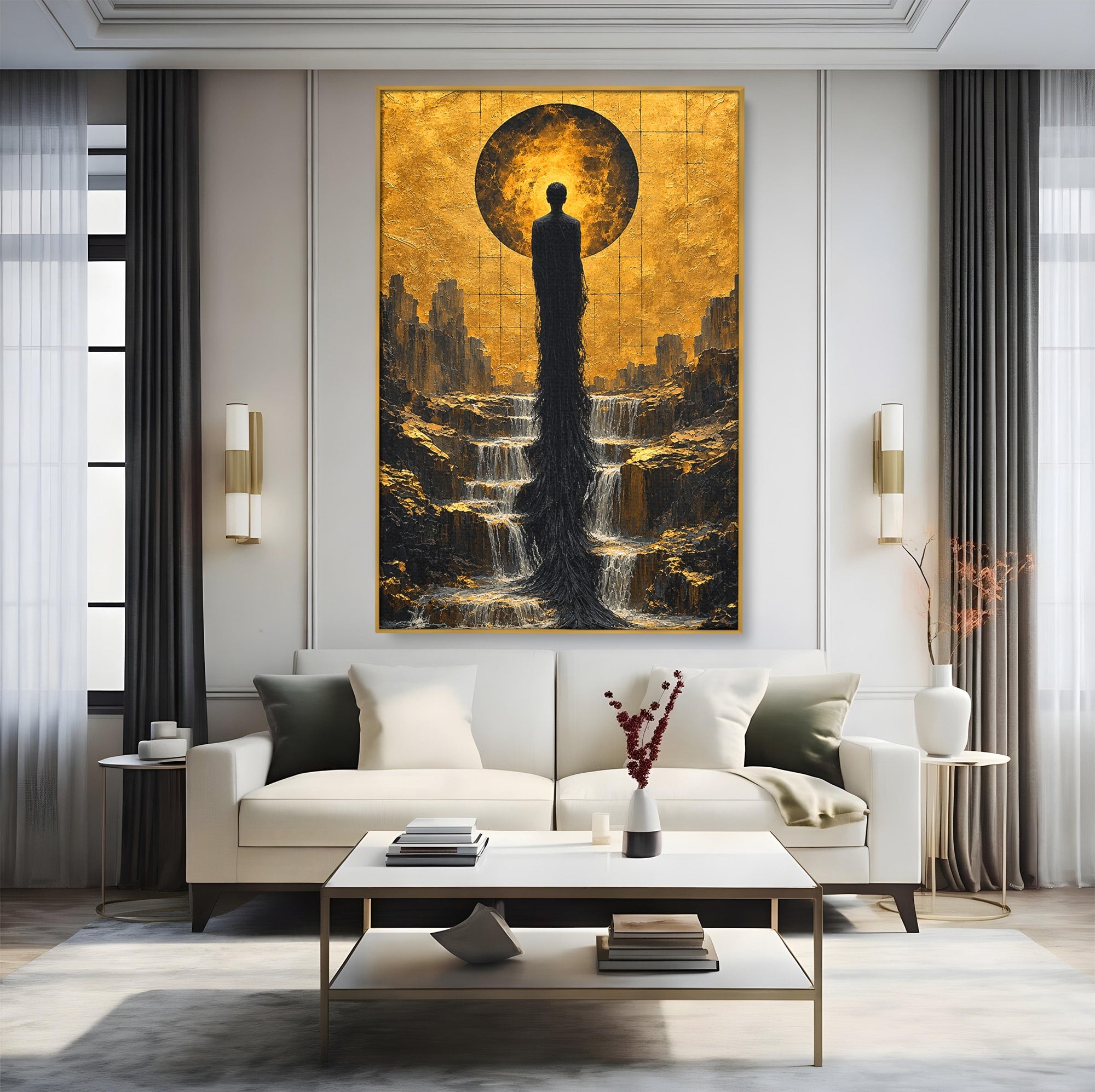 Tablou Canvas Premium LuxCanva® U1032, Silueta Mistica, Apus, Mistic, Cascada, Silueta, Living, Culori Vibrante