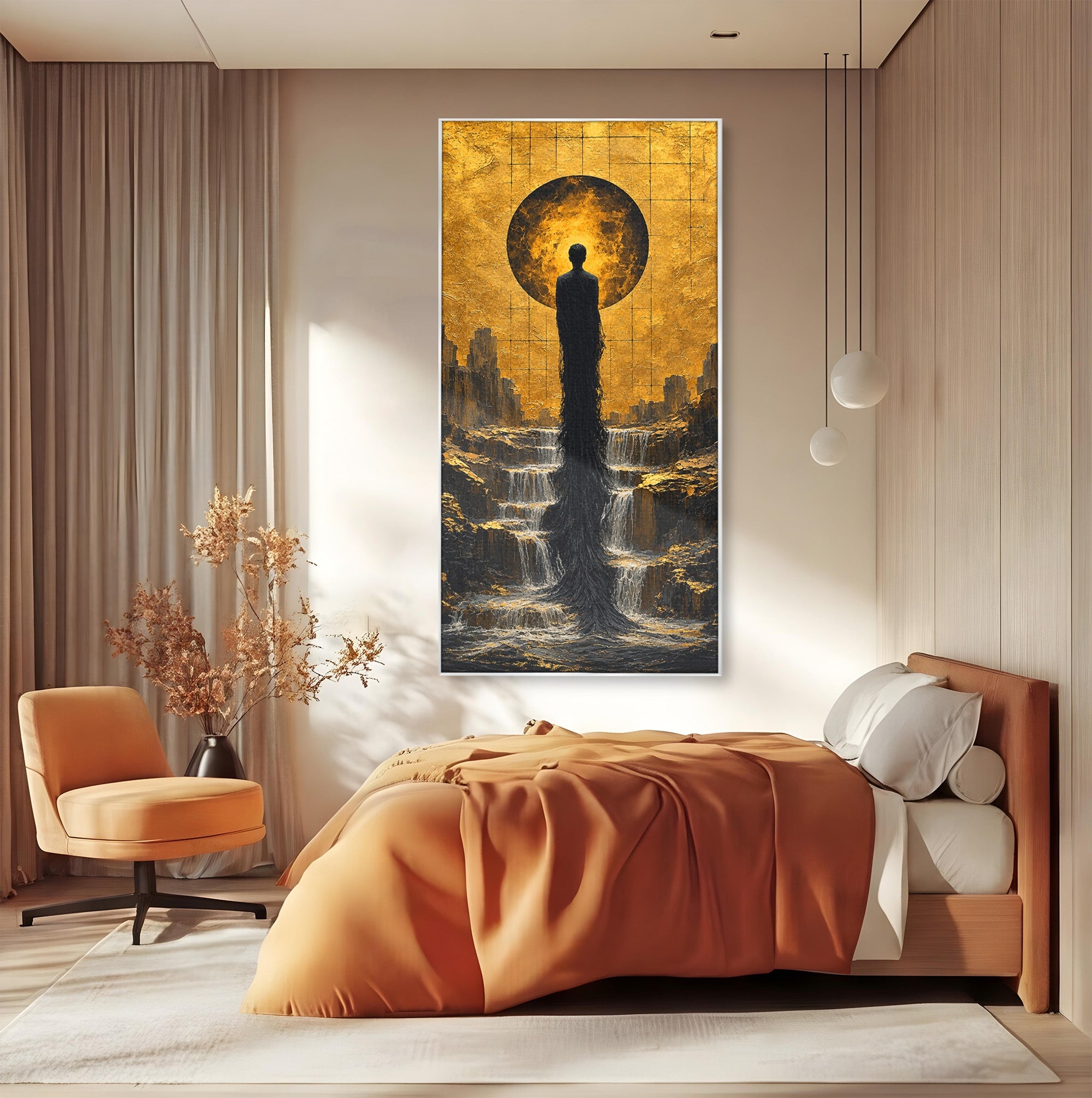 Tablou Canvas Premium LuxCanva® U1032, Silueta Mistica, Apus, Mistic, Cascada, Silueta, Living, Culori Vibrante