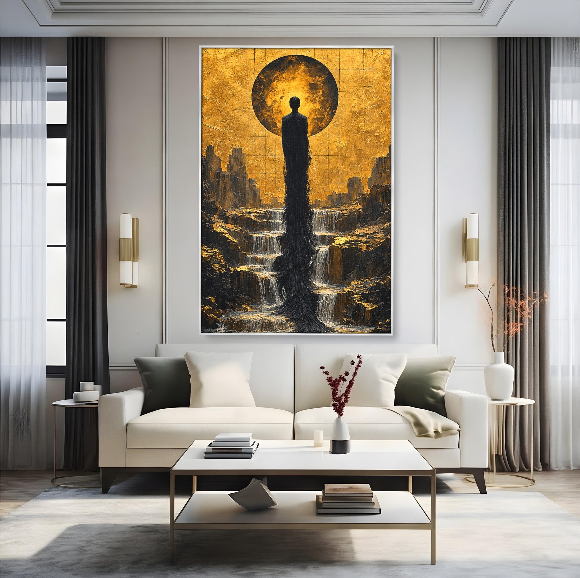 Tablou Canvas Premium LuxCanva® U1032, Silueta Mistica, Apus, Mistic, Cascada, Silueta, Living, Culori Vibrante