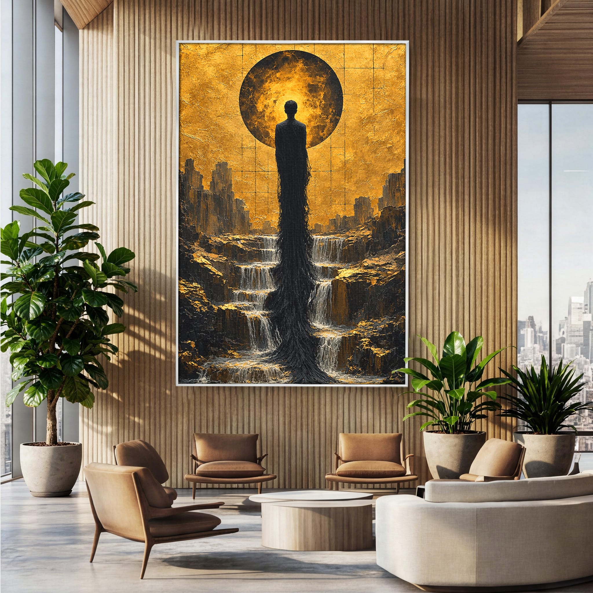 Tablou Canvas Premium LuxCanva® U1032, Silueta Mistica, Apus, Mistic, Cascada, Silueta, Living, Culori Vibrante
