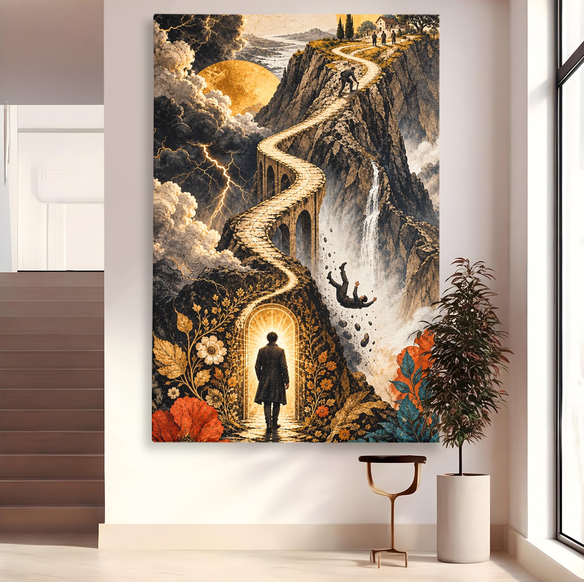 Tablou Canvas Premium LuxCanva® U1035, Drumul Spre Necunoscut, Peisaj, Pod, Calatorie, Fantezie, Living, Mister, Culori Vibrante