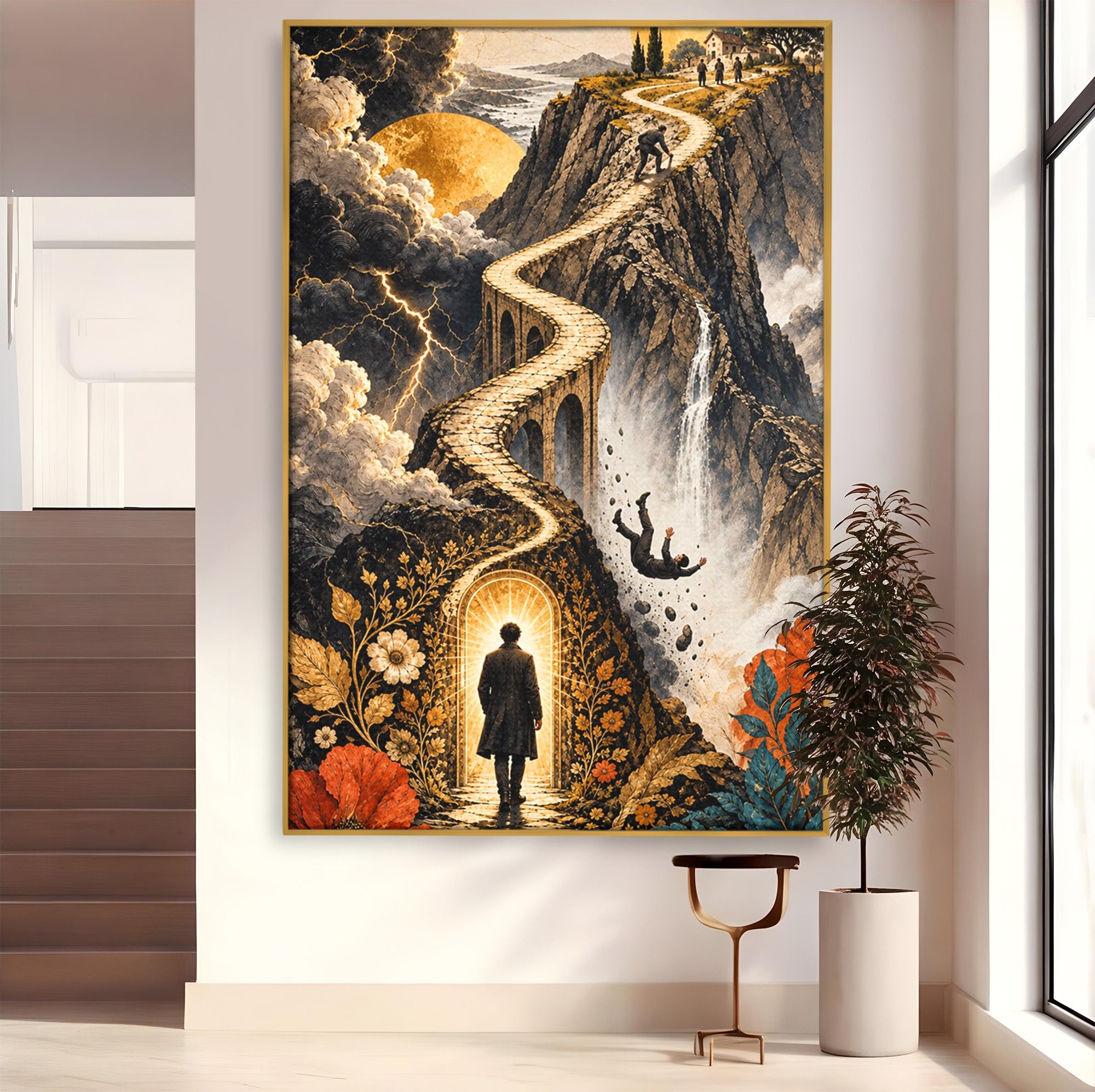 Tablou Canvas Premium LuxCanva® U1035, Drumul Spre Necunoscut, Peisaj, Pod, Calatorie, Fantezie, Living, Mister, Culori Vibrante