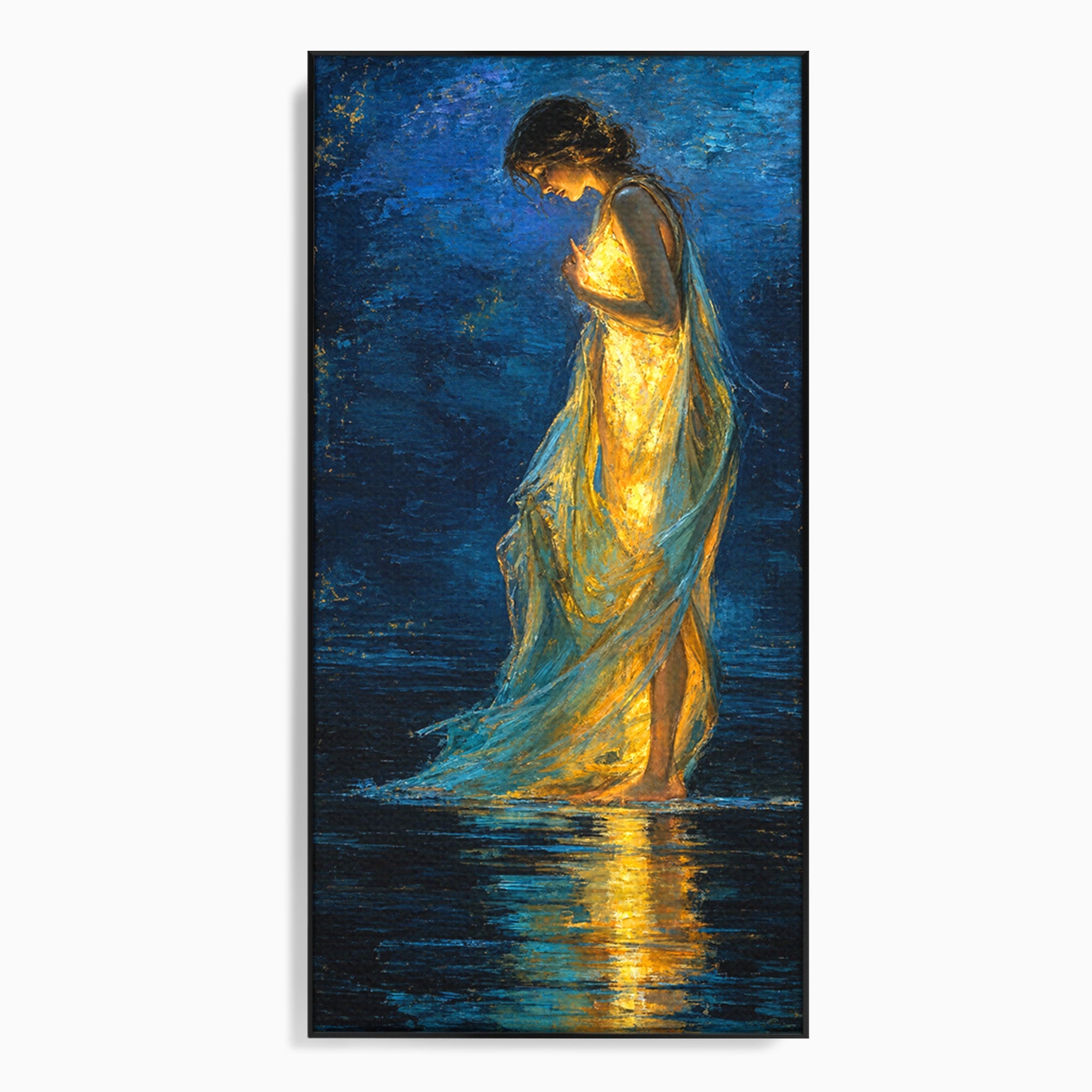Tablou Canvas Premium LuxCanva® U1036, Fata Luminata, Reflexie, Noapte, Fata, Lumina, Dormitor, Culori Vibrante