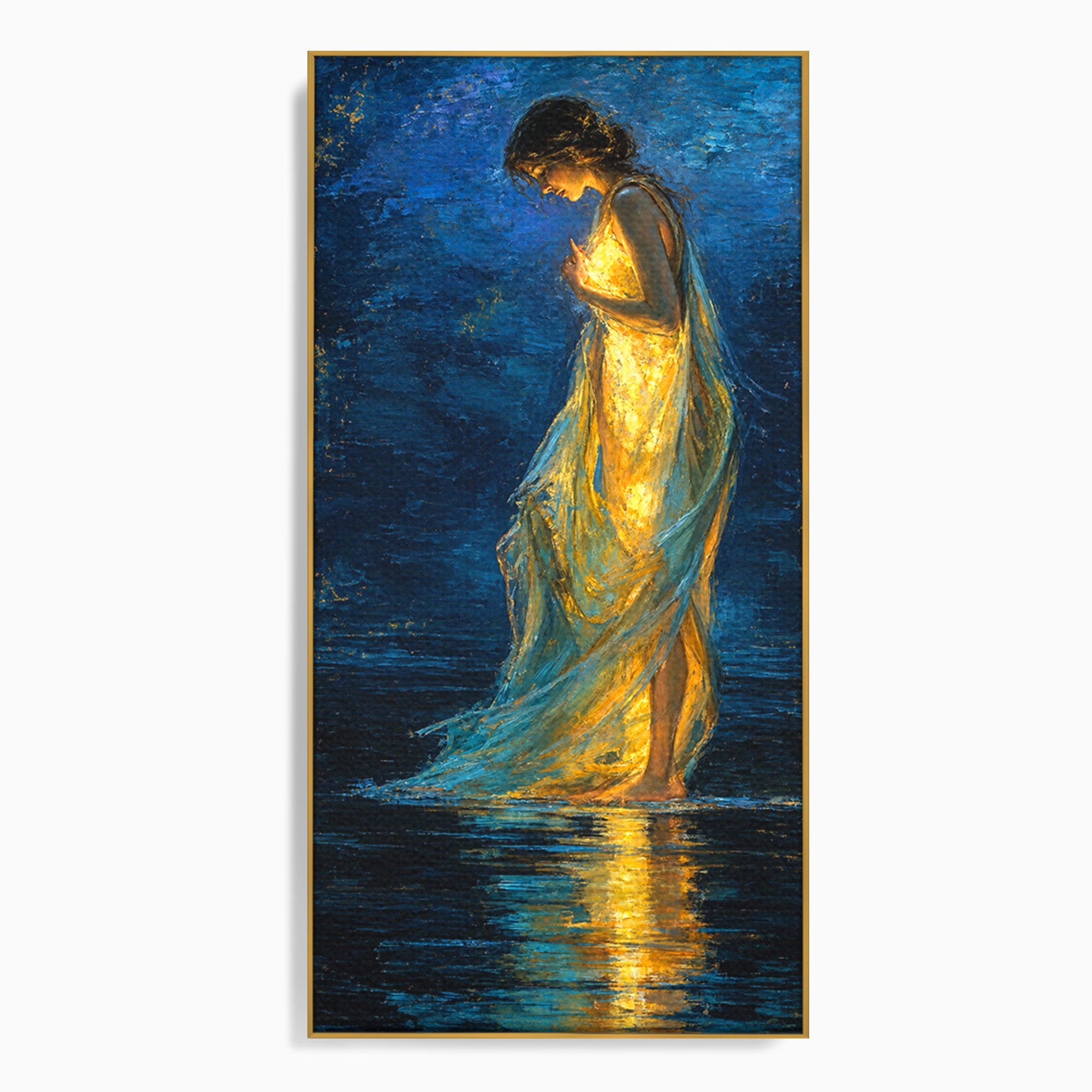 Tablou Canvas Premium LuxCanva® U1036, Fata Luminata, Reflexie, Noapte, Fata, Lumina, Dormitor, Culori Vibrante