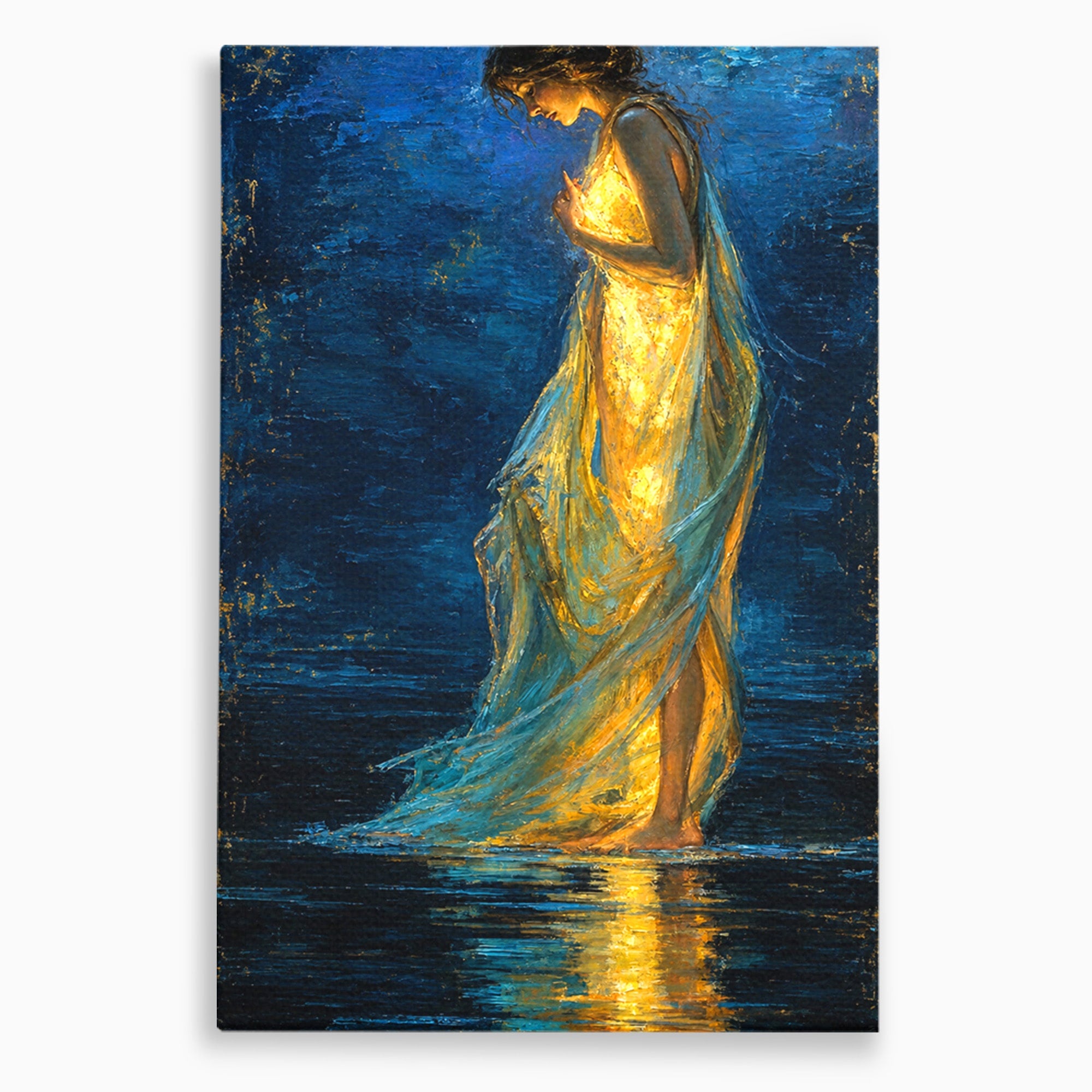 Tablou Canvas Premium LuxCanva® U1036, Fata Luminata, Reflexie, Noapte, Fata, Lumina, Dormitor, Culori Vibrante