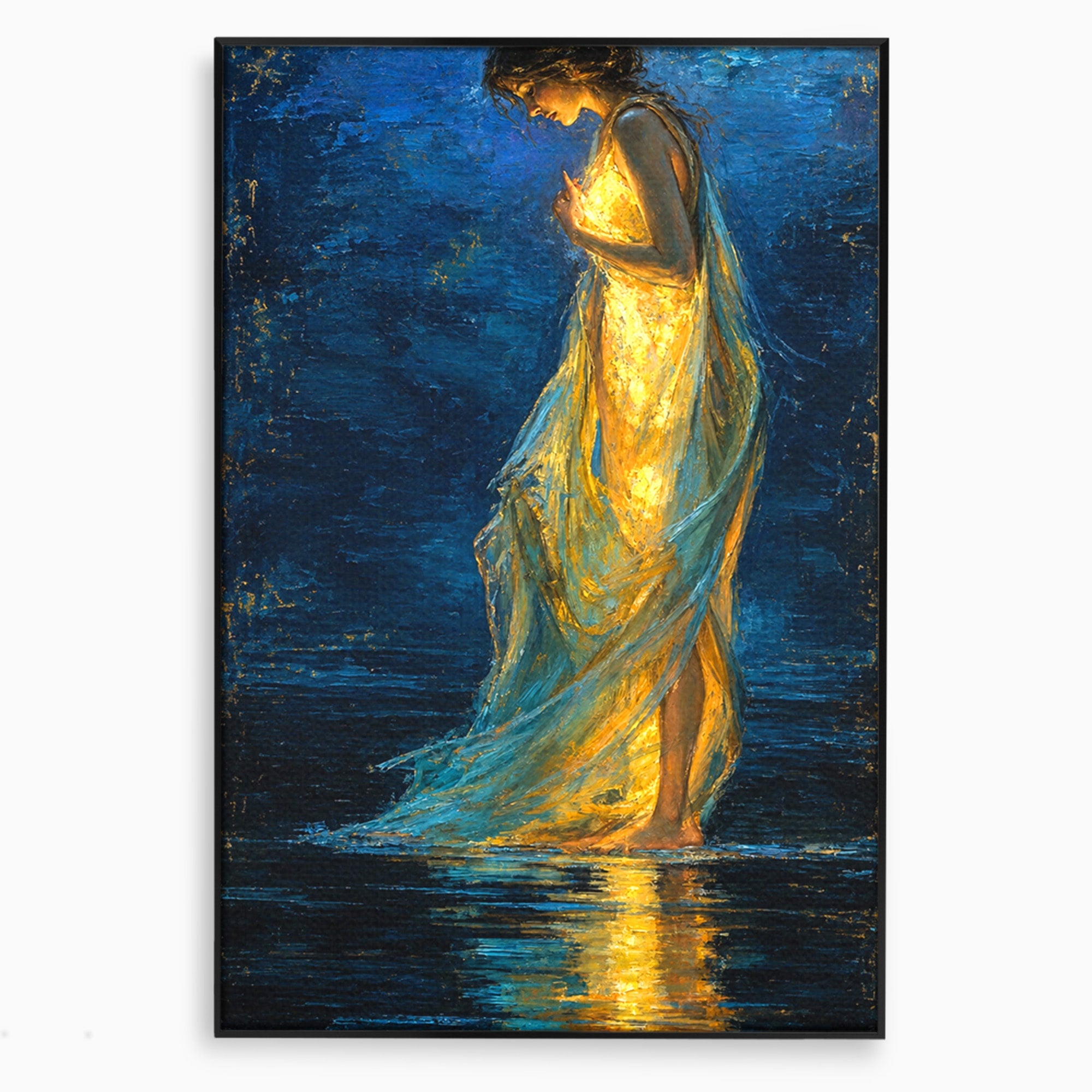 Tablou Canvas Premium LuxCanva® U1036, Fata Luminata, Reflexie, Noapte, Fata, Lumina, Dormitor, Culori Vibrante