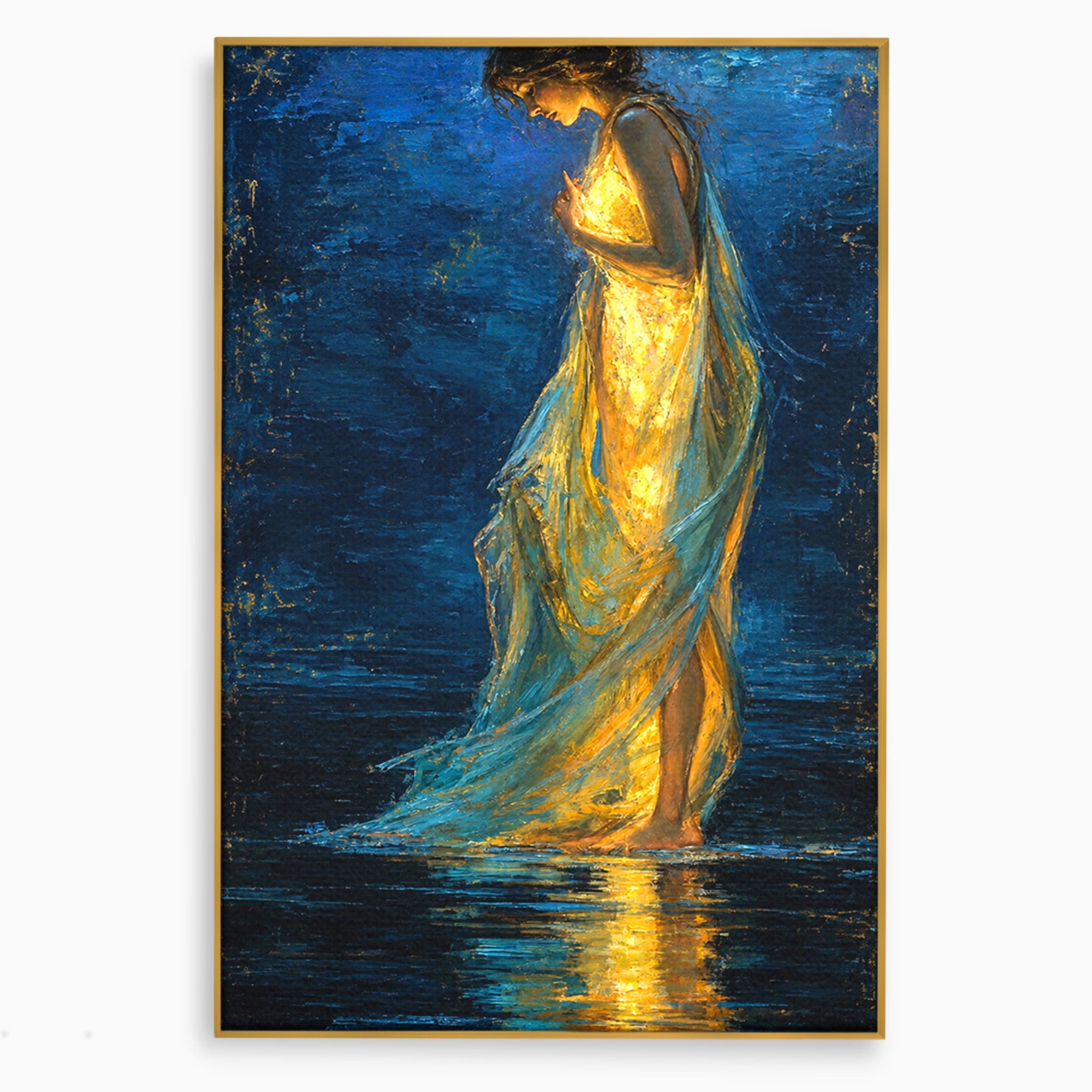 Tablou Canvas Premium LuxCanva® U1036, Fata Luminata, Reflexie, Noapte, Fata, Lumina, Dormitor, Culori Vibrante