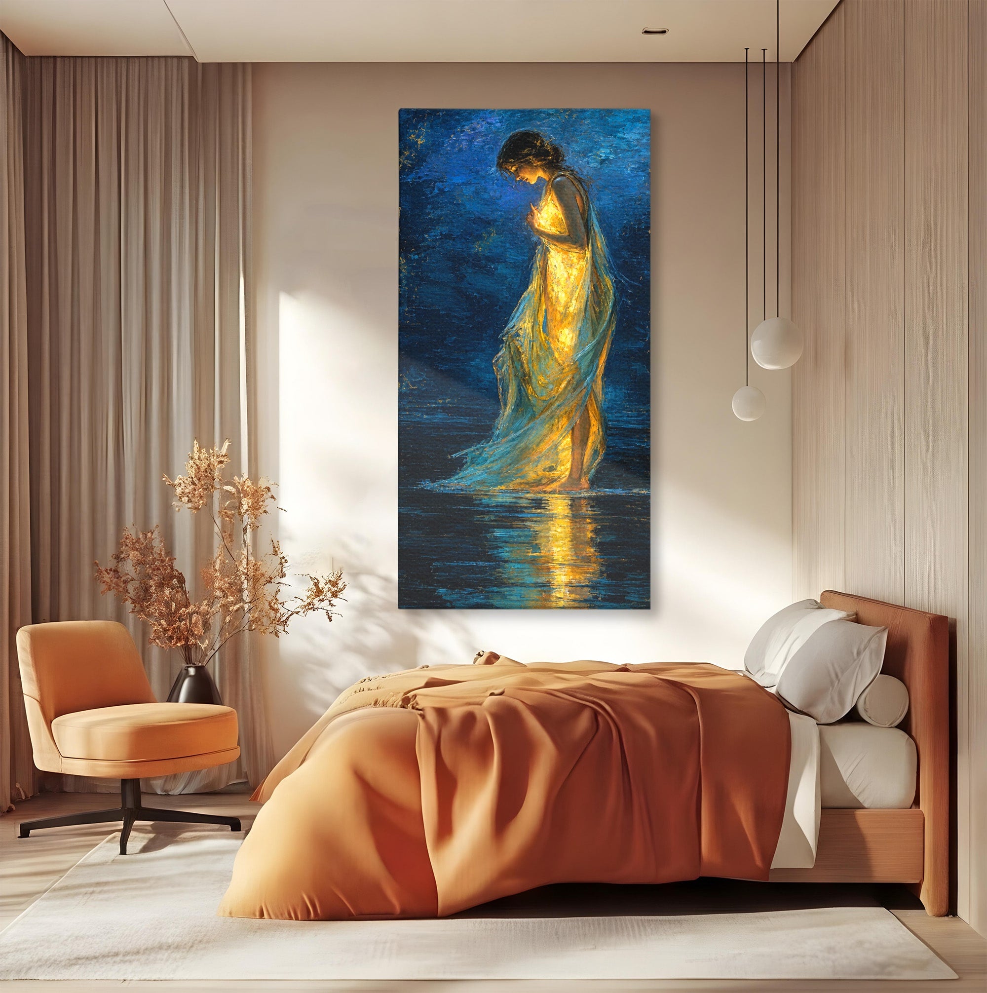 Tablou Canvas Premium LuxCanva® U1036, Fata Luminata, Reflexie, Noapte, Fata, Lumina, Dormitor, Culori Vibrante