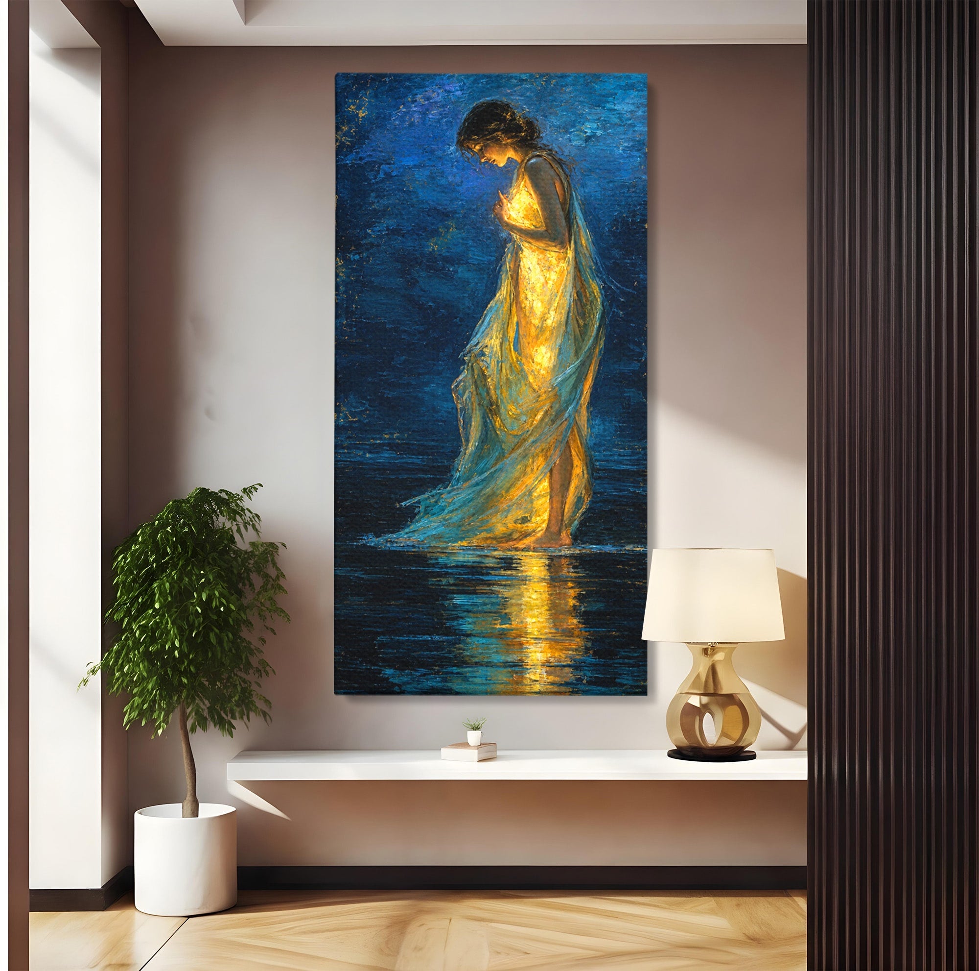 Tablou Canvas Premium LuxCanva® U1036, Fata Luminata, Reflexie, Noapte, Fata, Lumina, Dormitor, Culori Vibrante