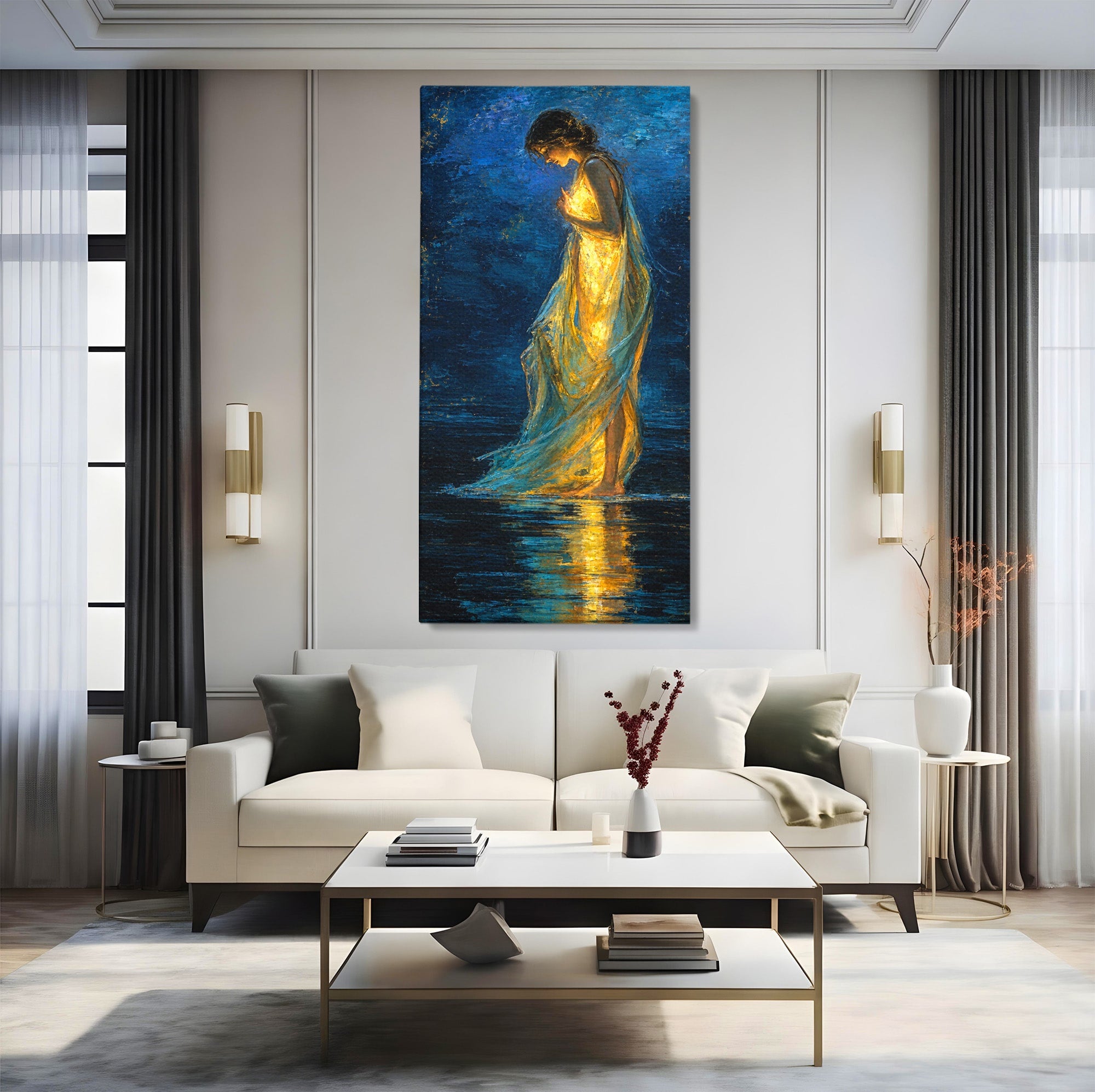 Tablou Canvas Premium LuxCanva® U1036, Fata Luminata, Reflexie, Noapte, Fata, Lumina, Dormitor, Culori Vibrante