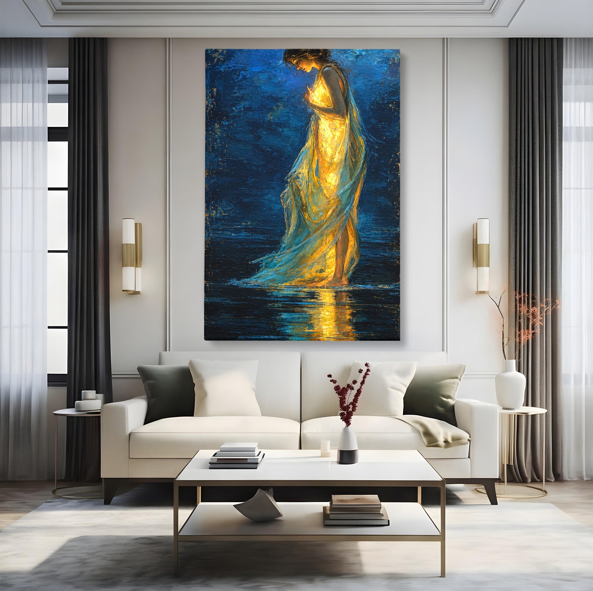Tablou Canvas Premium LuxCanva® U1036, Fata Luminata, Reflexie, Noapte, Fata, Lumina, Dormitor, Culori Vibrante