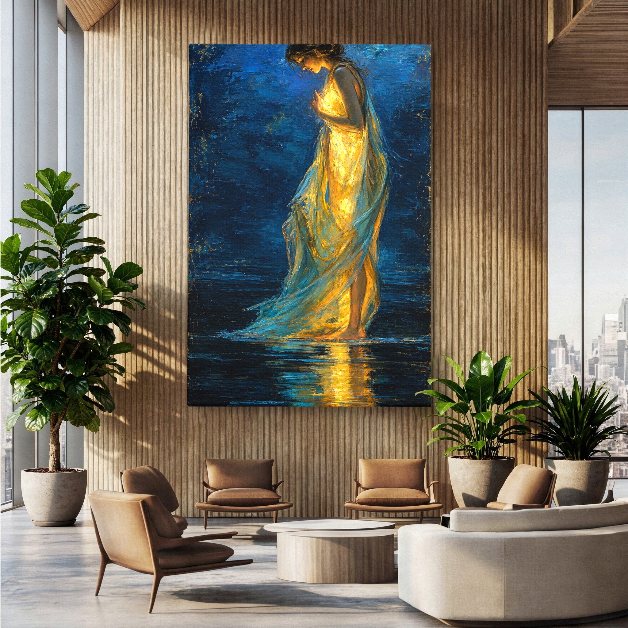Tablou Canvas Premium LuxCanva® U1036, Fata Luminata, Reflexie, Noapte, Fata, Lumina, Dormitor, Culori Vibrante