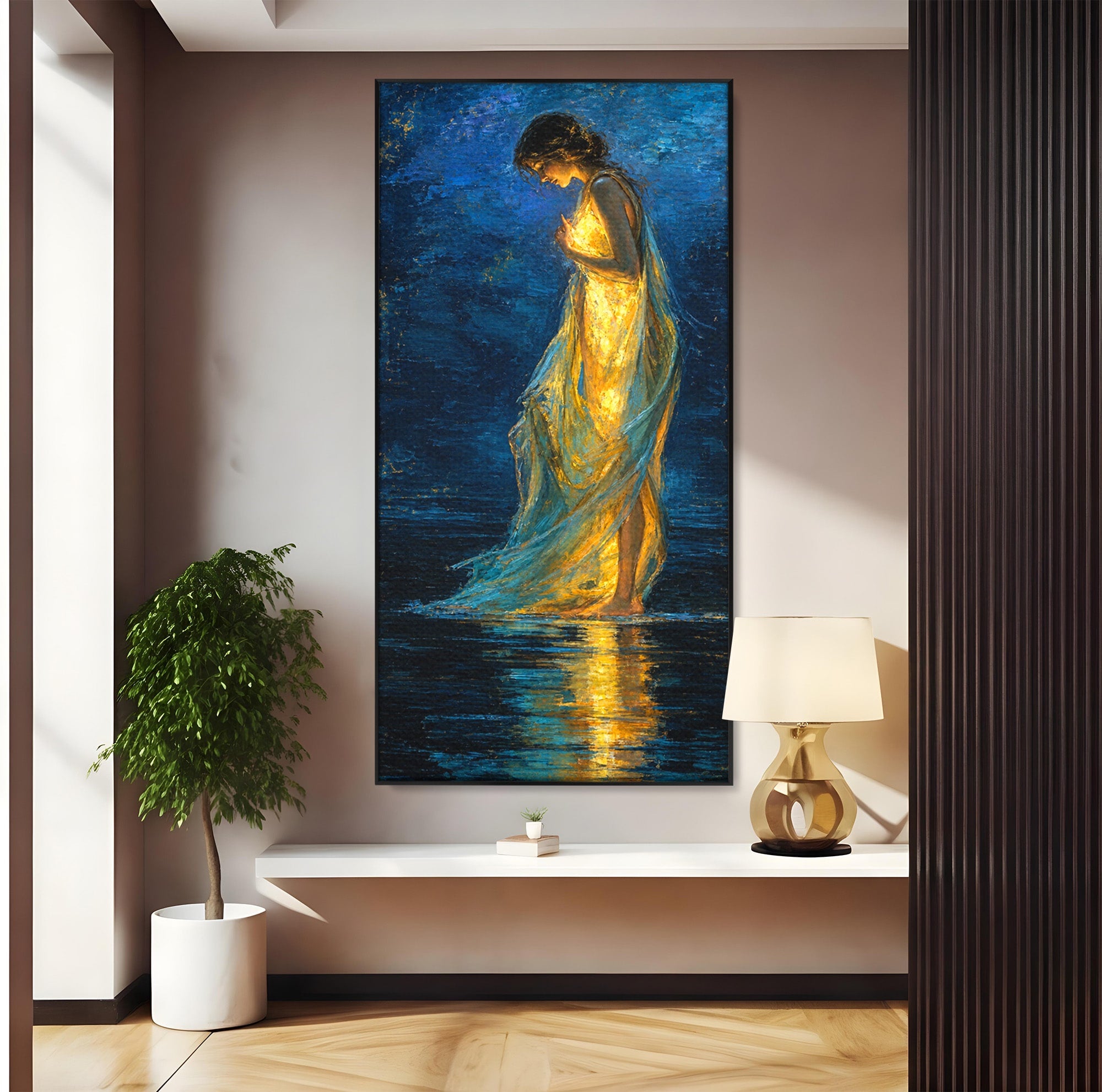 Tablou Canvas Premium LuxCanva® U1036, Fata Luminata, Reflexie, Noapte, Fata, Lumina, Dormitor, Culori Vibrante