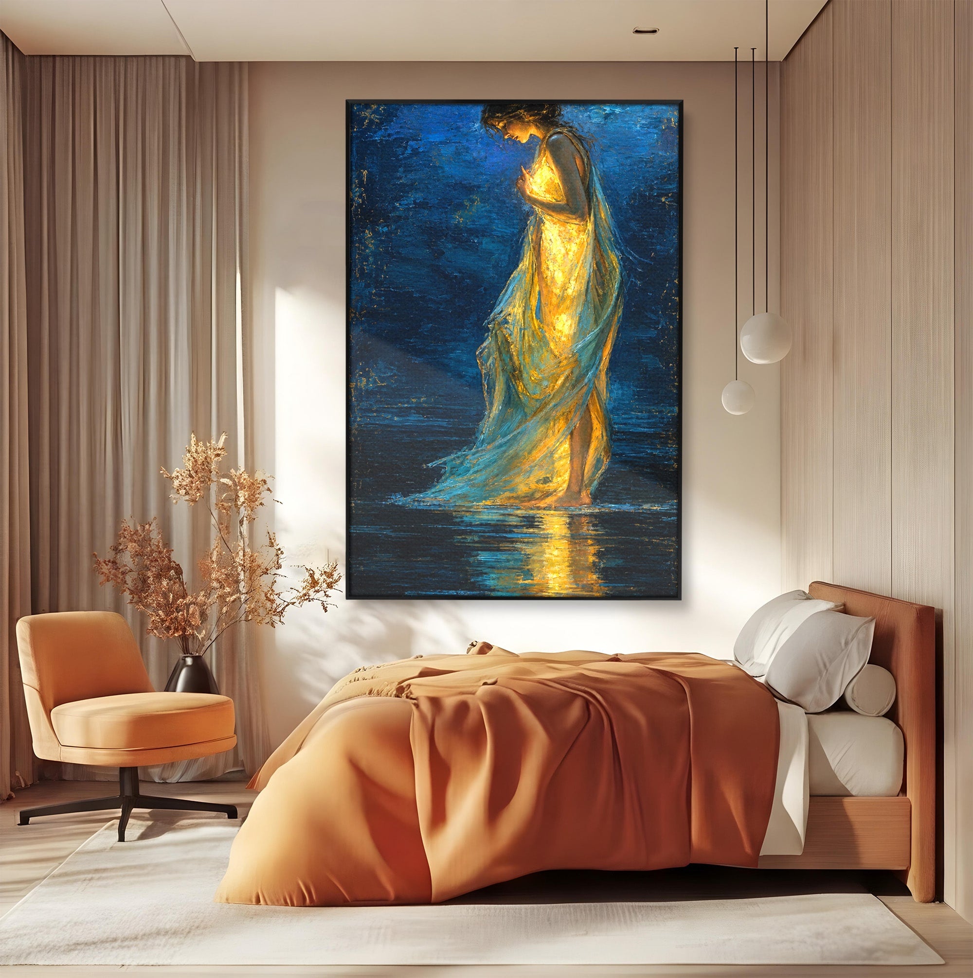 Tablou Canvas Premium LuxCanva® U1036, Fata Luminata, Reflexie, Noapte, Fata, Lumina, Dormitor, Culori Vibrante
