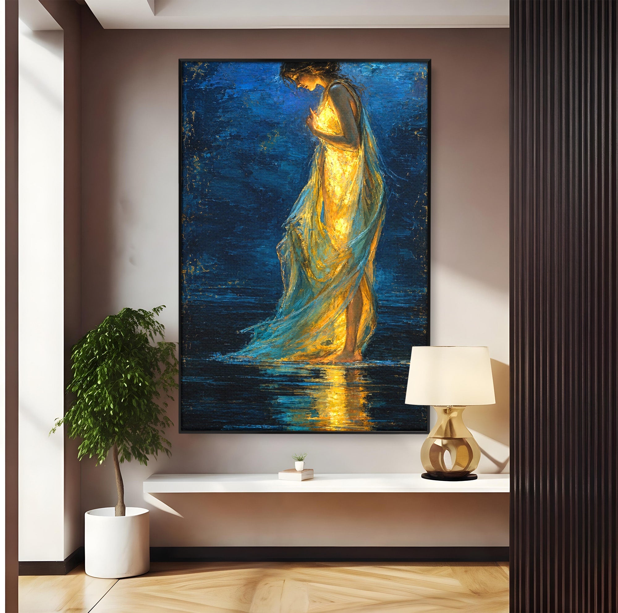 Tablou Canvas Premium LuxCanva® U1036, Fata Luminata, Reflexie, Noapte, Fata, Lumina, Dormitor, Culori Vibrante