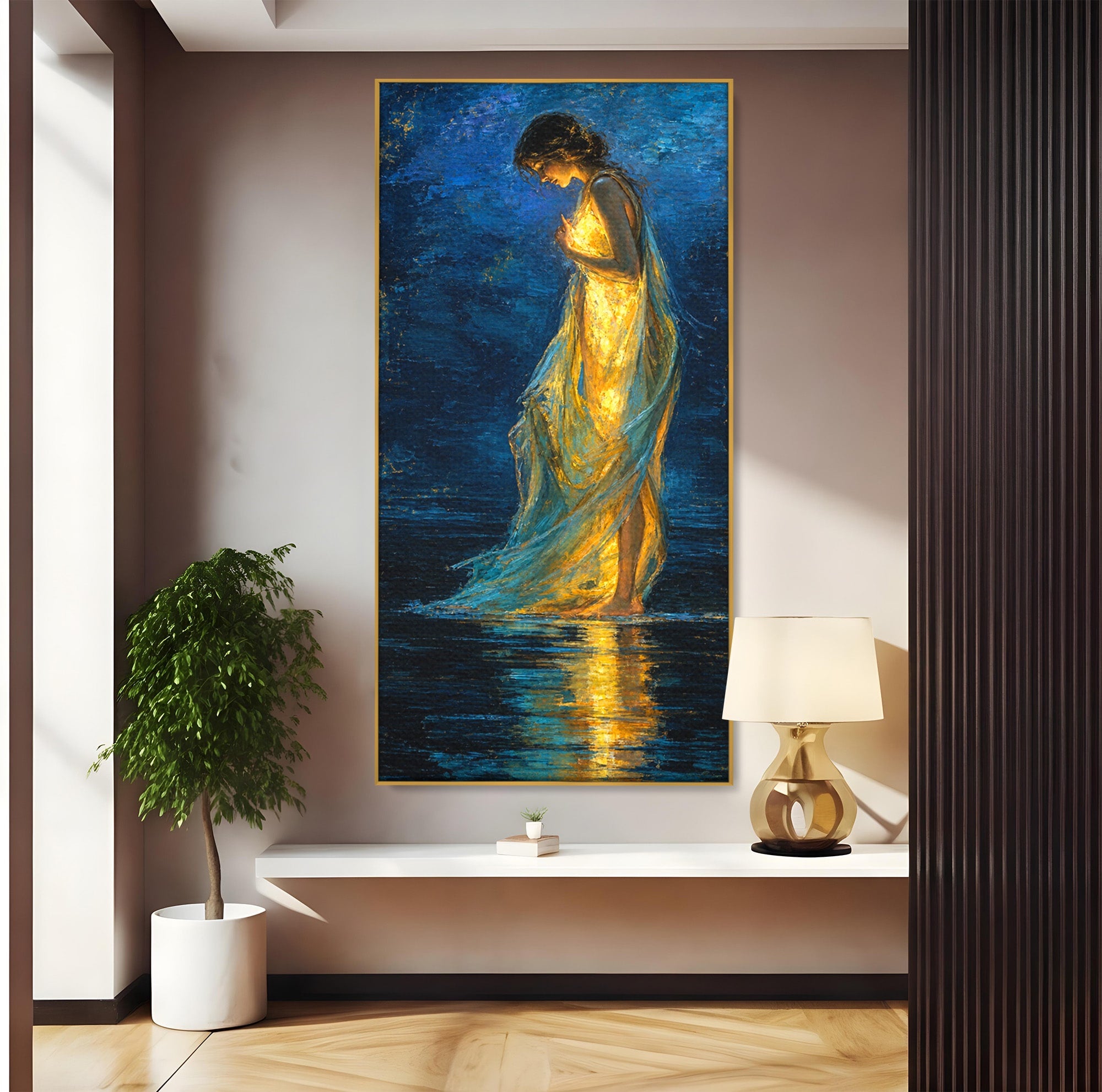 Tablou Canvas Premium LuxCanva® U1036, Fata Luminata, Reflexie, Noapte, Fata, Lumina, Dormitor, Culori Vibrante