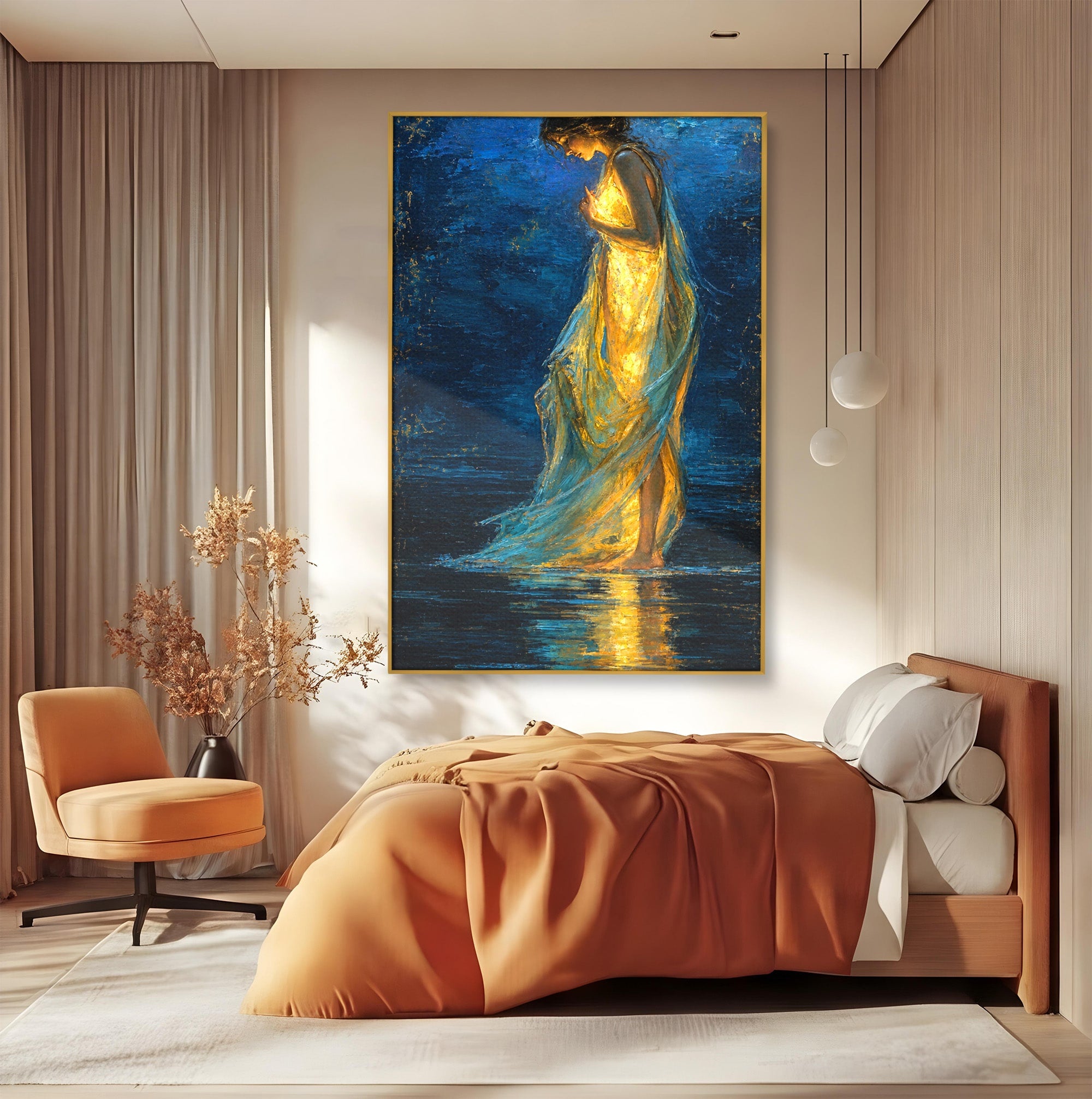 Tablou Canvas Premium LuxCanva® U1036, Fata Luminata, Reflexie, Noapte, Fata, Lumina, Dormitor, Culori Vibrante