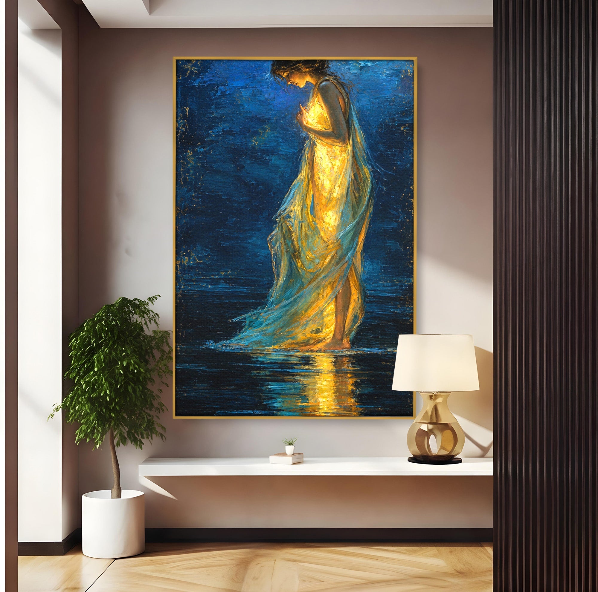 Tablou Canvas Premium LuxCanva® U1036, Fata Luminata, Reflexie, Noapte, Fata, Lumina, Dormitor, Culori Vibrante