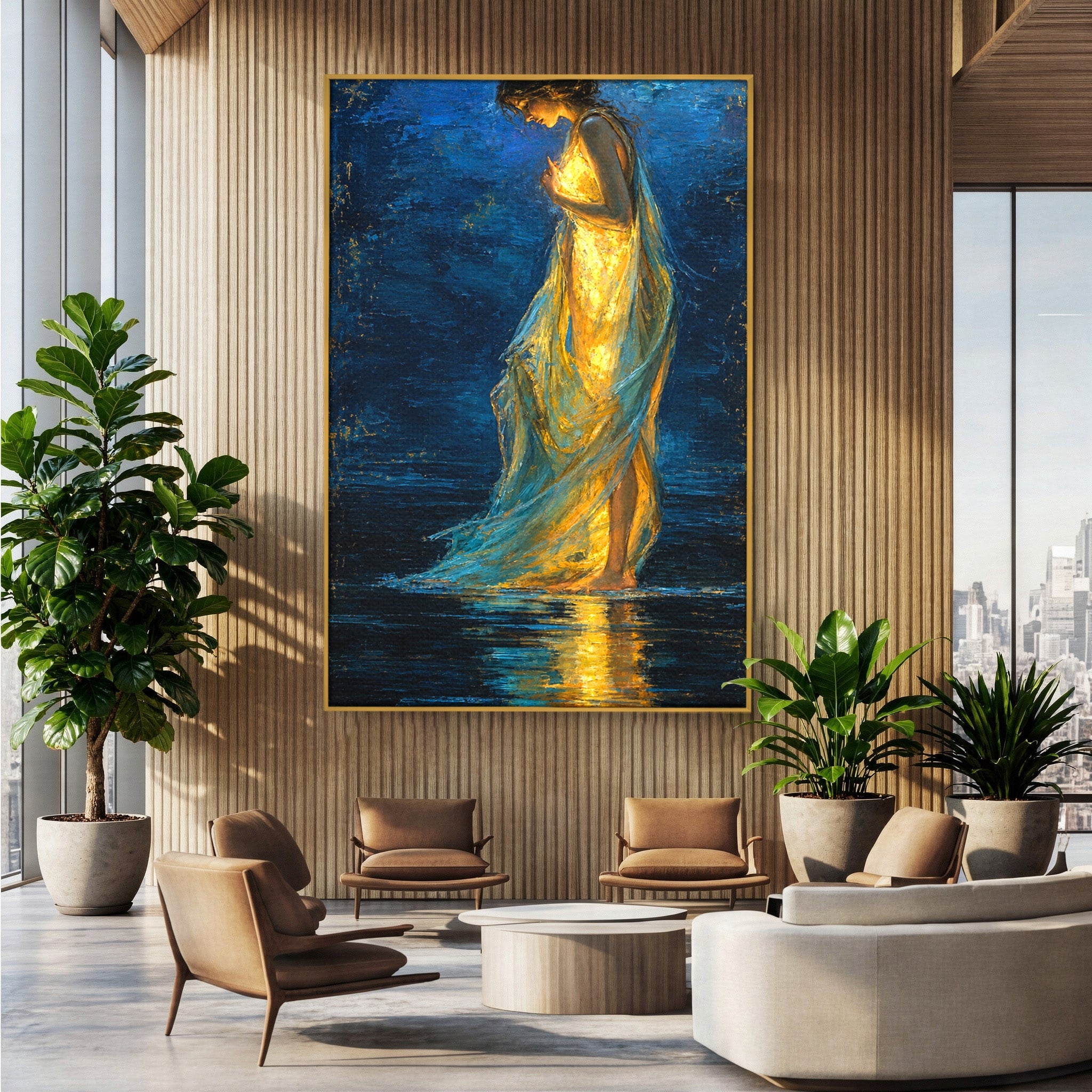 Tablou Canvas Premium LuxCanva® U1036, Fata Luminata, Reflexie, Noapte, Fata, Lumina, Dormitor, Culori Vibrante