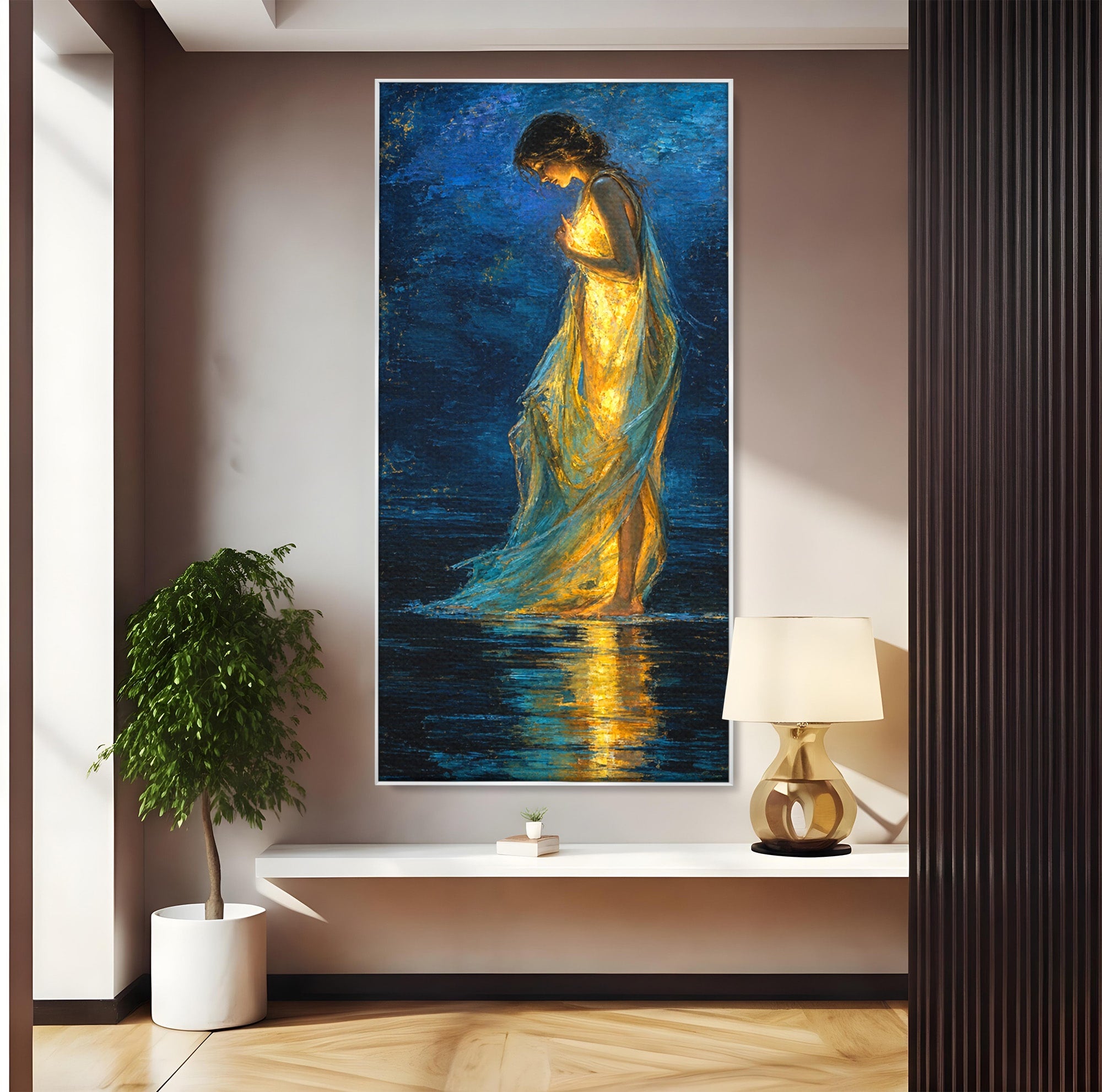 Tablou Canvas Premium LuxCanva® U1036, Fata Luminata, Reflexie, Noapte, Fata, Lumina, Dormitor, Culori Vibrante