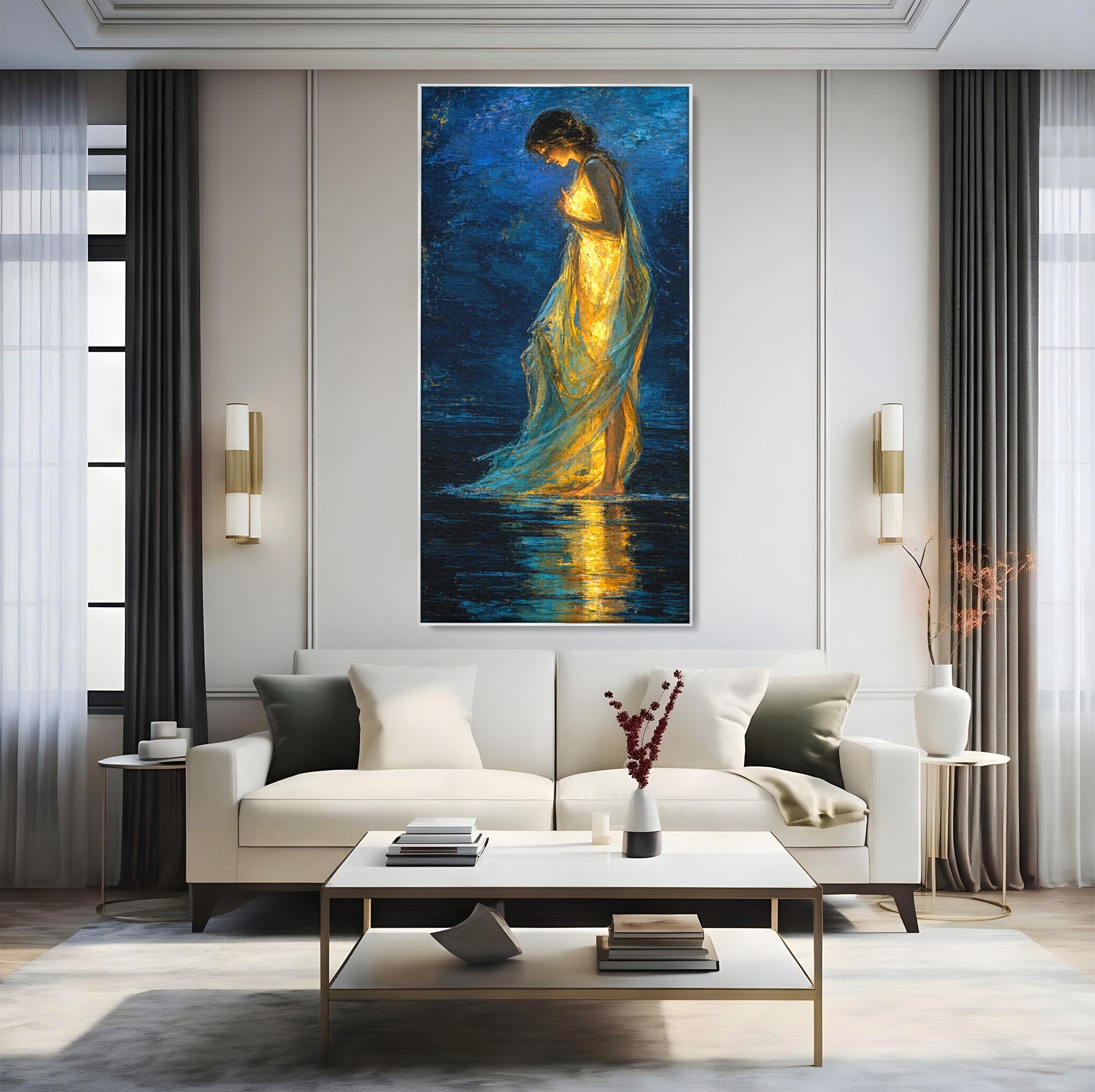 Tablou Canvas Premium LuxCanva® U1036, Fata Luminata, Reflexie, Noapte, Fata, Lumina, Dormitor, Culori Vibrante