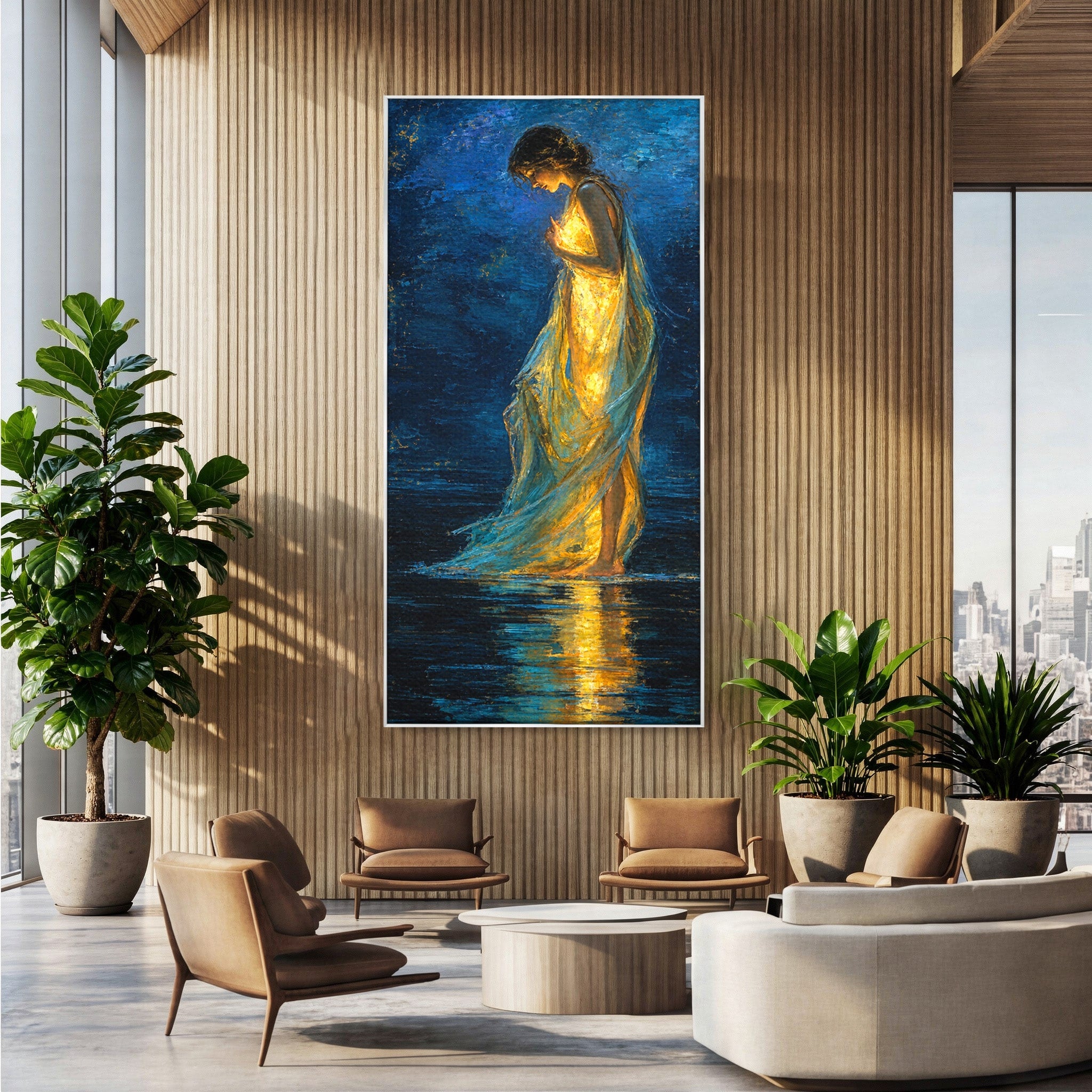 Tablou Canvas Premium LuxCanva® U1036, Fata Luminata, Reflexie, Noapte, Fata, Lumina, Dormitor, Culori Vibrante