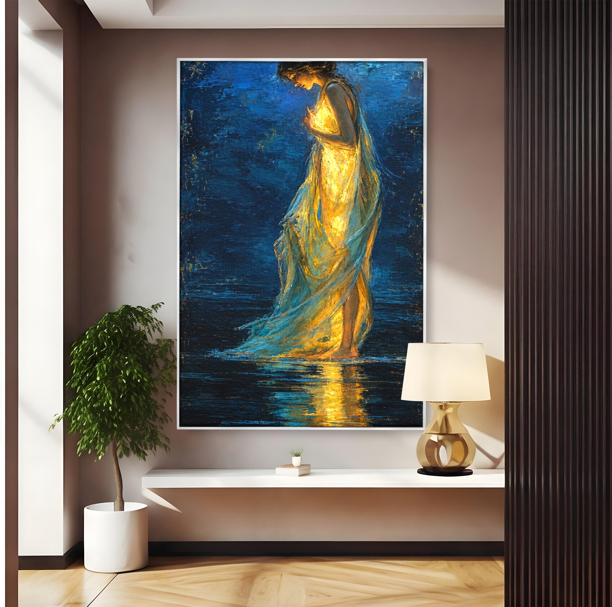 Tablou Canvas Premium LuxCanva® U1036, Fata Luminata, Reflexie, Noapte, Fata, Lumina, Dormitor, Culori Vibrante