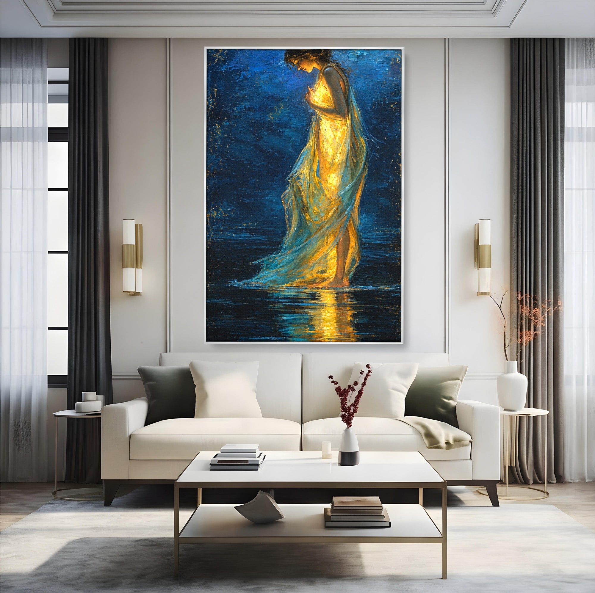 Tablou Canvas Premium LuxCanva® U1036, Fata Luminata, Reflexie, Noapte, Fata, Lumina, Dormitor, Culori Vibrante