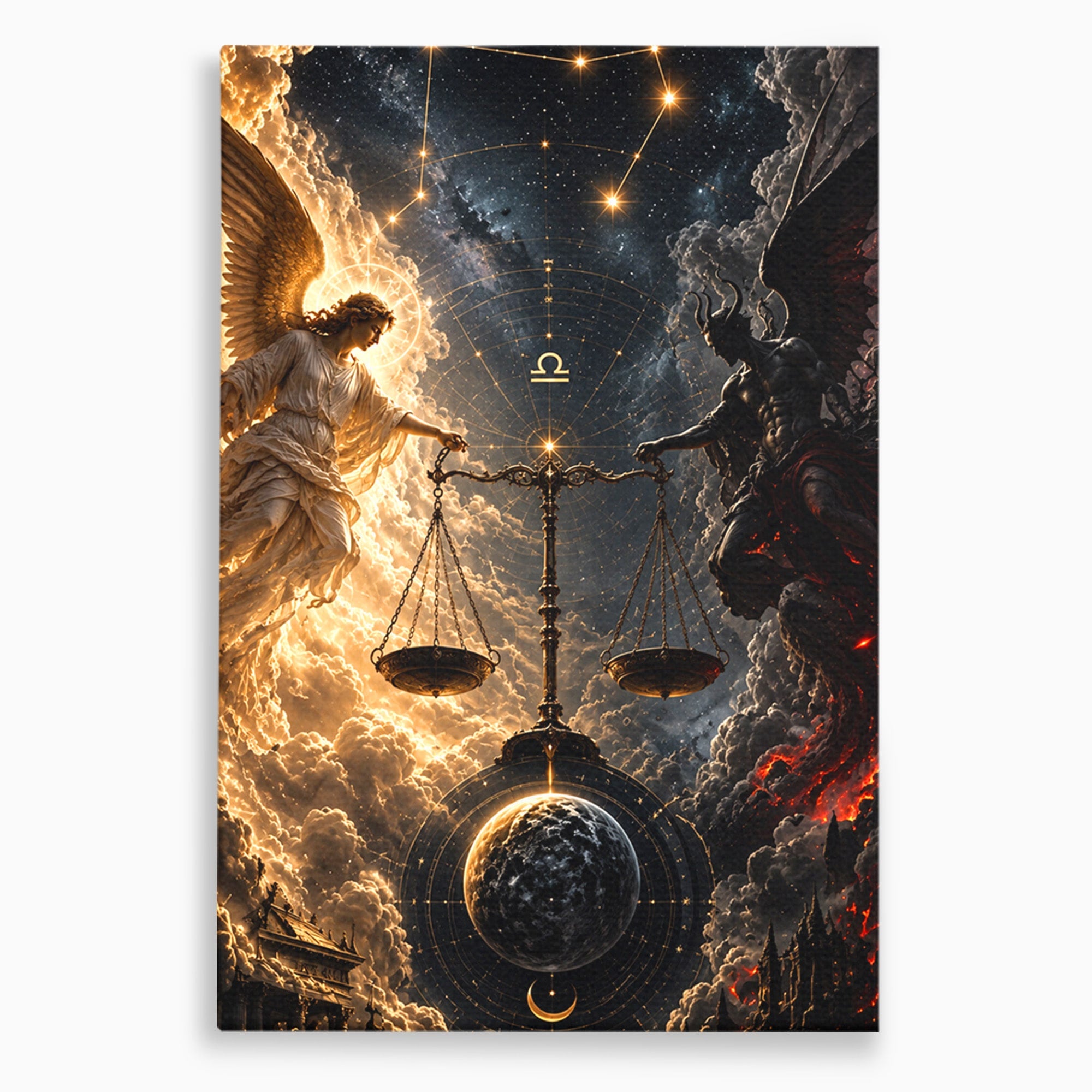 Tablou Canvas Premium LuxCanva® U1039, Armonia Universala, Inger, Demon, Balanta, Cer, Living, Culori Vibrante