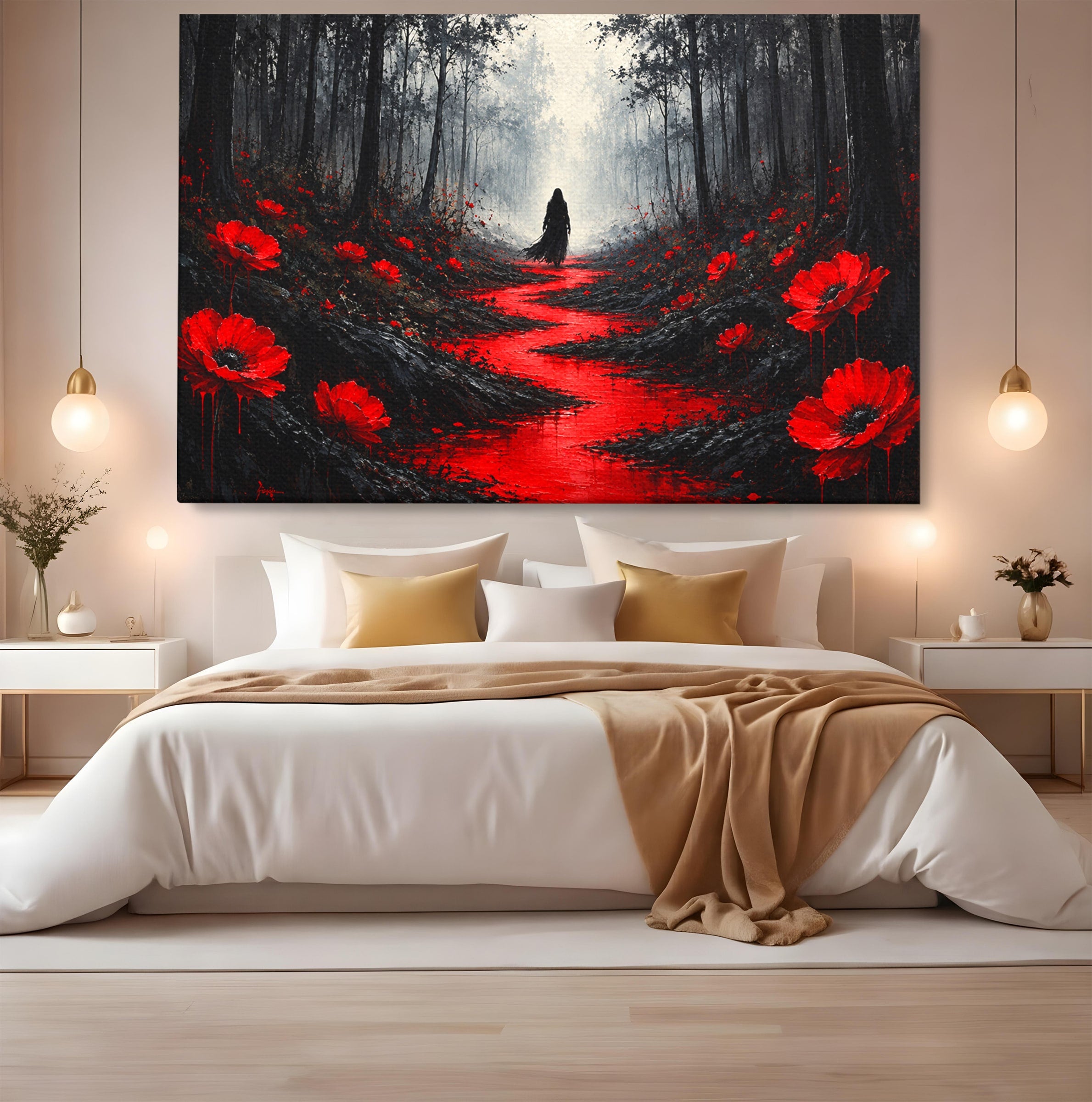 Tablou Canvas Premium LuxCanva® U1040, Drumul Rosu Prin Padure, Flori, Mister, Peisaj,  Padure, Living, Dormitor, Culori Vibrante