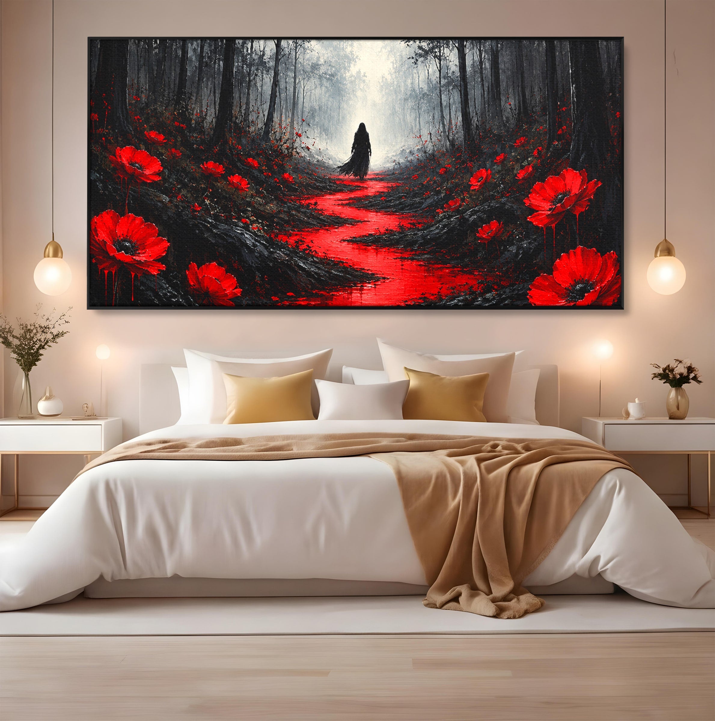 Tablou Canvas Premium LuxCanva® U1040, Drumul Rosu Prin Padure, Flori, Mister, Peisaj,  Padure, Living, Dormitor, Culori Vibrante