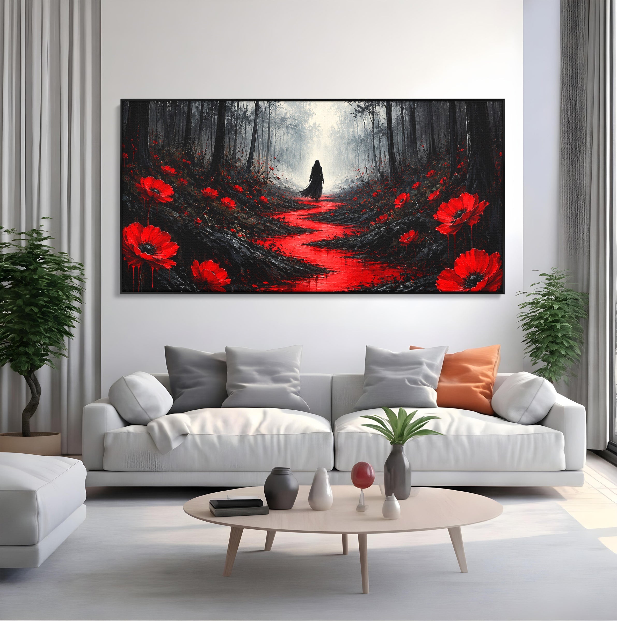 Tablou Canvas Premium LuxCanva® U1040, Drumul Rosu Prin Padure, Flori, Mister, Peisaj,  Padure, Living, Dormitor, Culori Vibrante